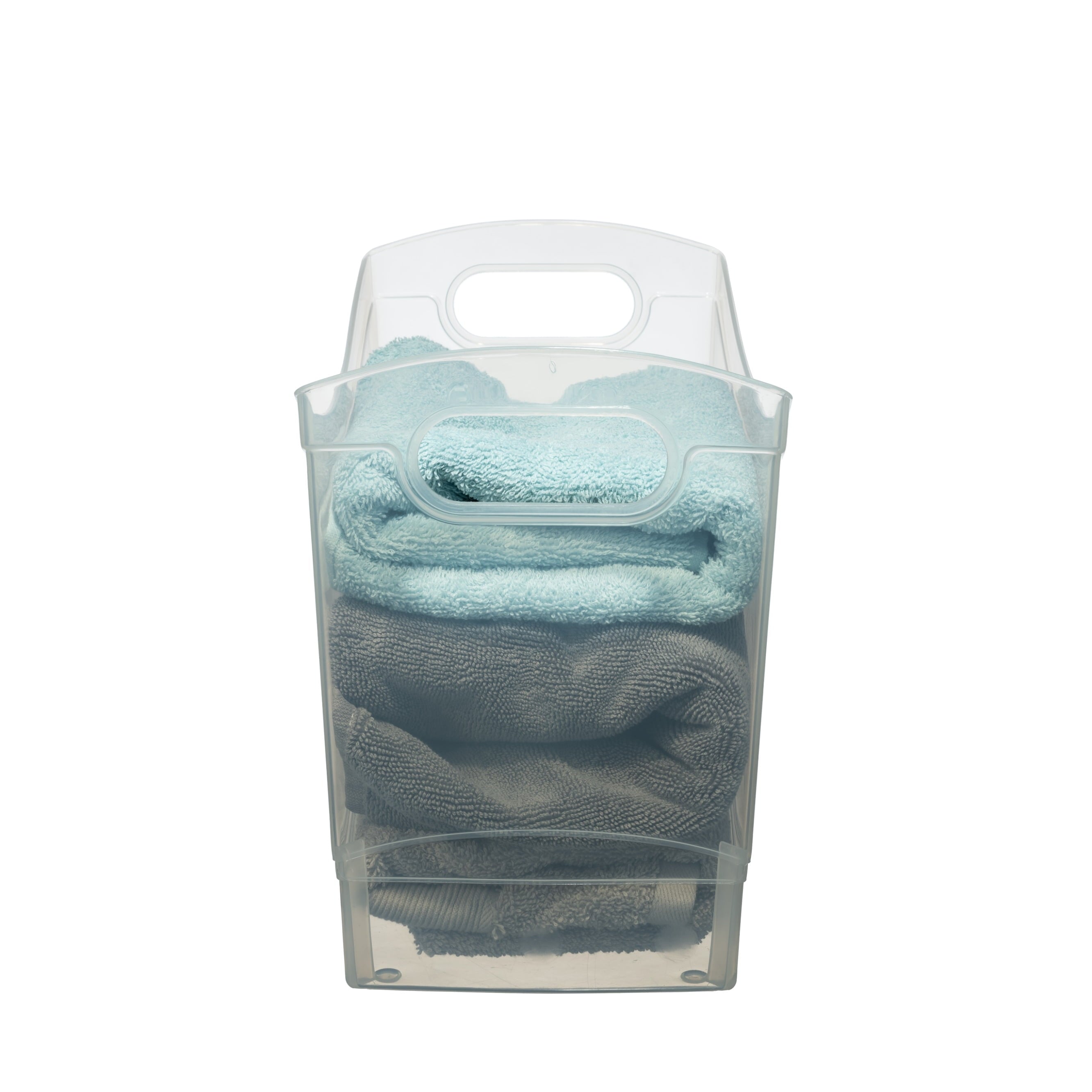 12 Qt Clear Plastic Storage Bin Organizer with Carrying Handles, Narrow Rectangular Utility Container for Pantry, Closet, Cabinet and Shelf Storage