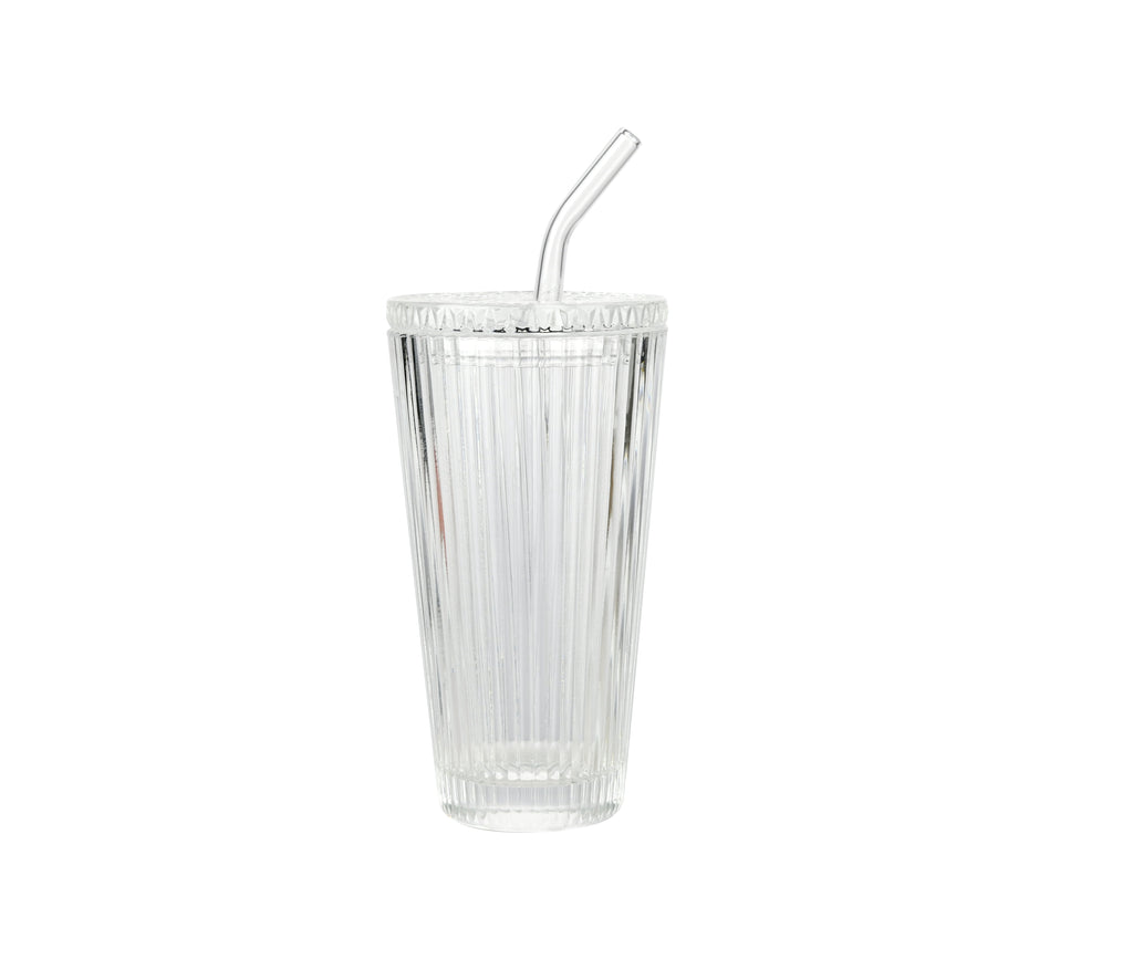 Better Homes &amp; Gardens Glass 21oz Tumbler Ribbed with Glass Lid and Straw