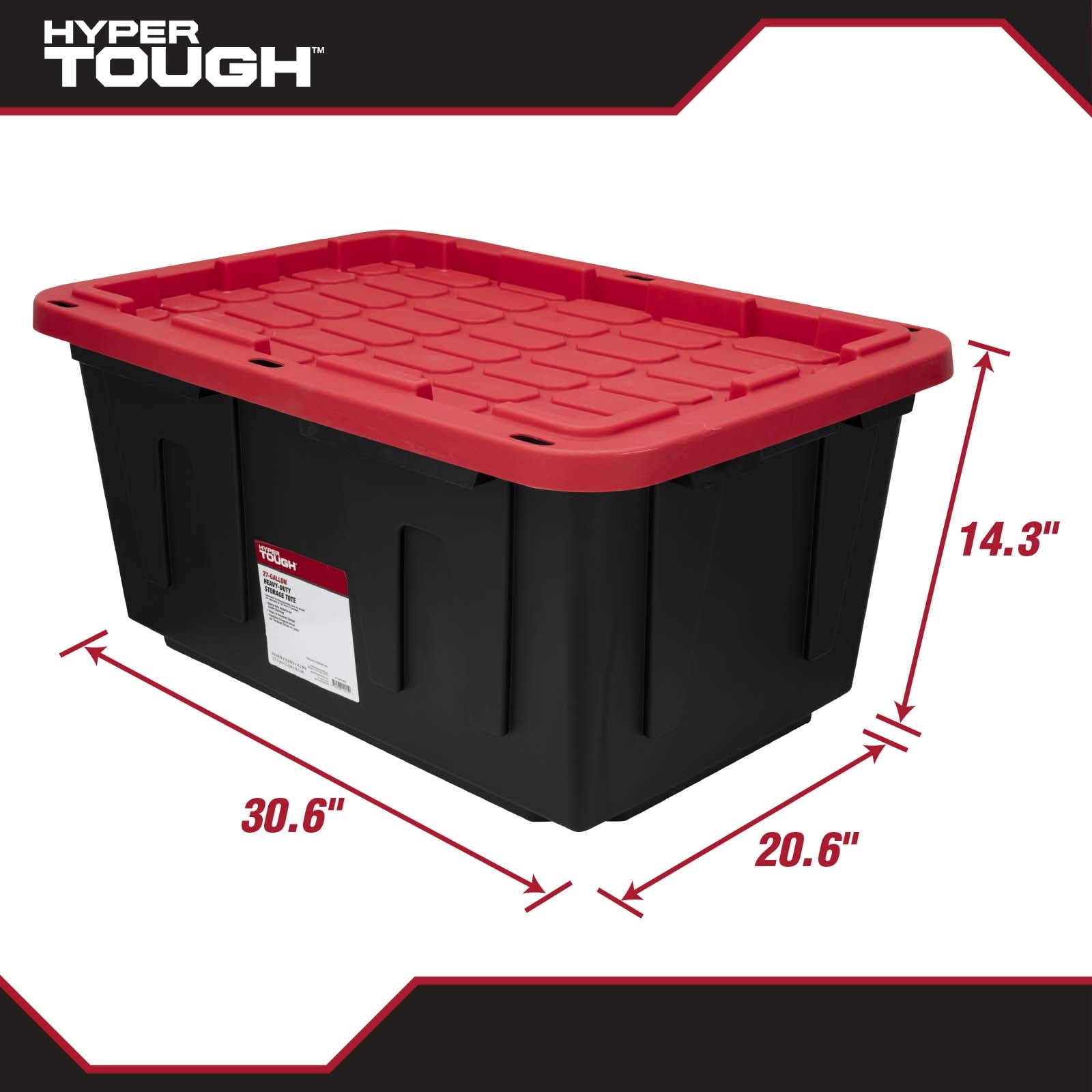 27 Gallon Large Storage Bin with Snap Lid, Black and Red, Heavy Duty Plastic Storage Container
