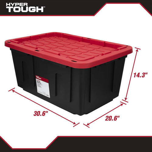 27 Gallon Large Storage Bin with Snap Lid, Black and Red, Heavy Duty Plastic Storage Container
