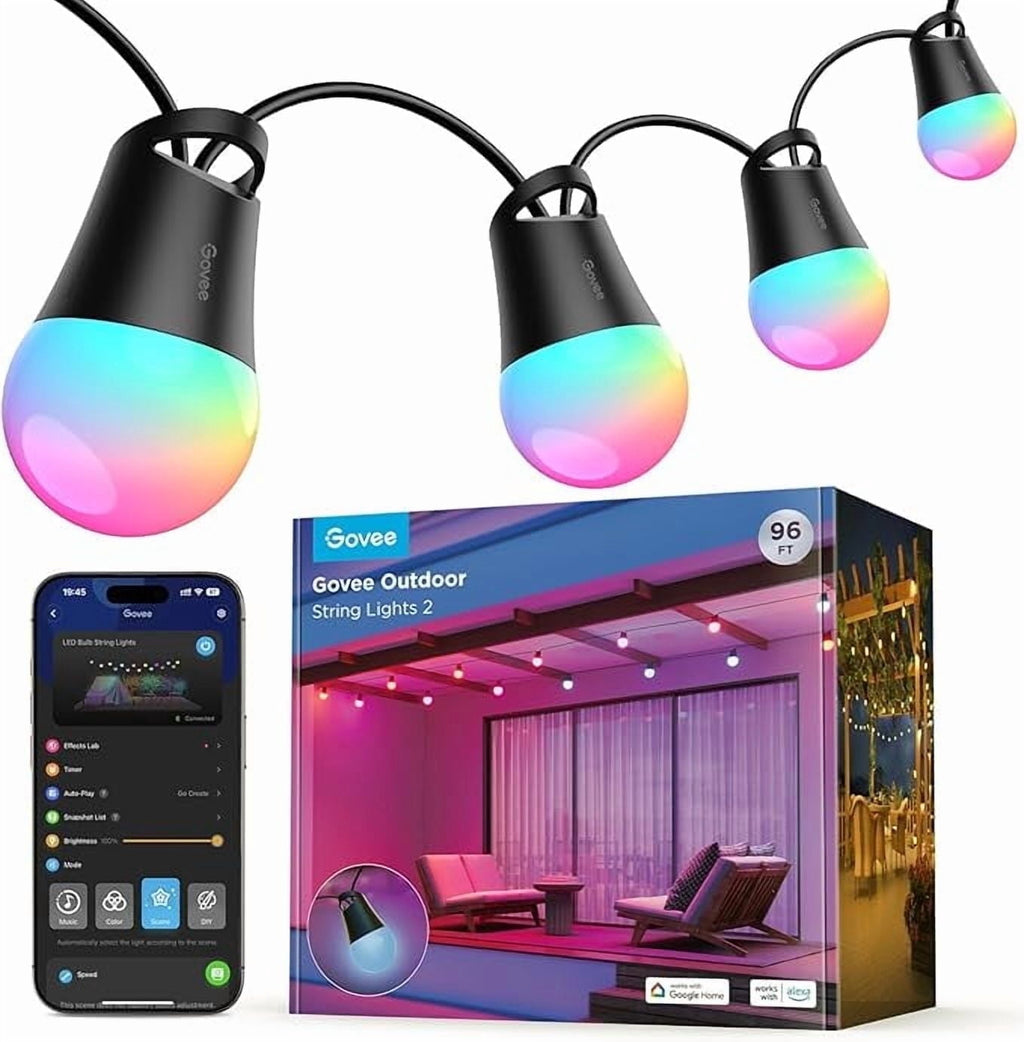 Smart Outdoor String Lights 2, 96ft,RGBIC, Dimmable Warm White, 47 Scenes, IP65, Alexa,App Control