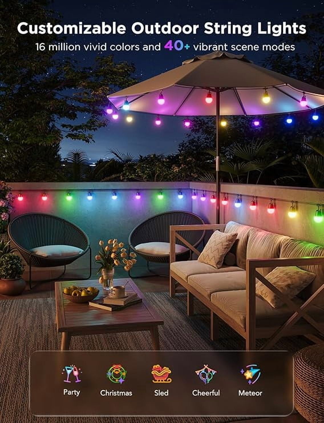 Smart Outdoor String Lights 2, 96ft,RGBIC, Dimmable Warm White, 47 Scenes, IP65, Alexa,App Control