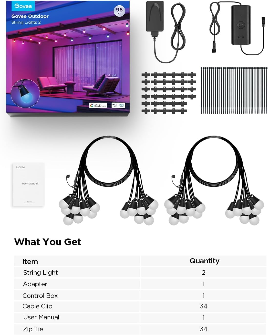 Smart Outdoor String Lights 2, 96ft,RGBIC, Dimmable Warm White, 47 Scenes, IP65, Alexa,App Control