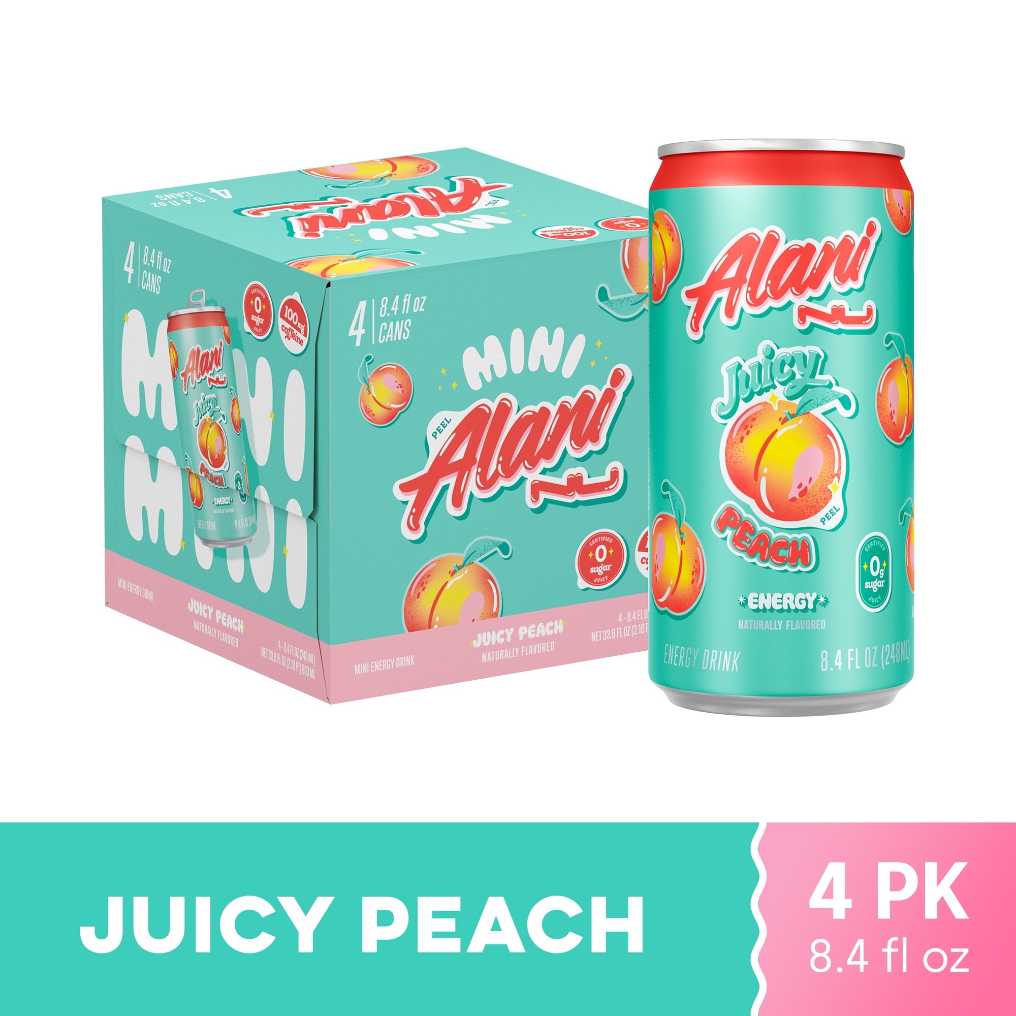 Sugar Free Energy Drink Mini, Juicy Peach, 8.4 fl oz, 4 Pack, Cans, 100mg Caffeine