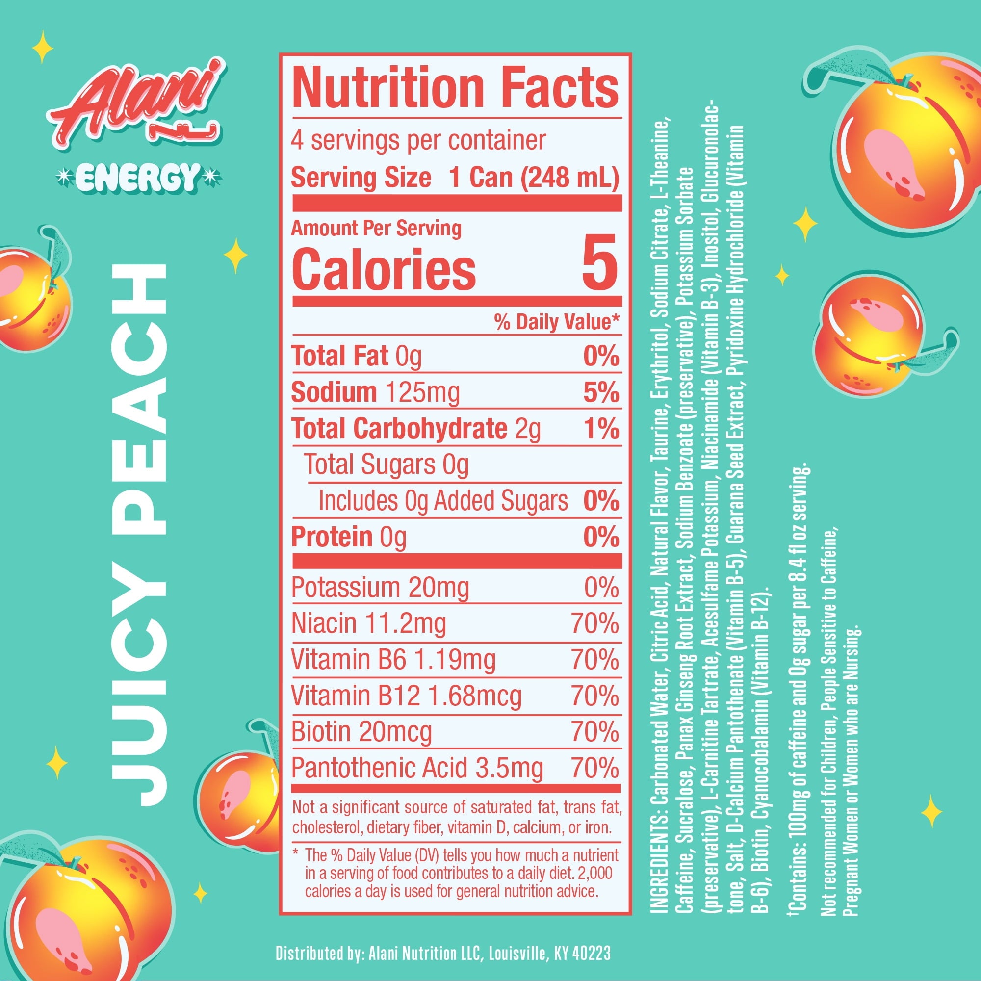 Sugar Free Energy Drink Mini, Juicy Peach, 8.4 fl oz, 4 Pack, Cans, 100mg Caffeine