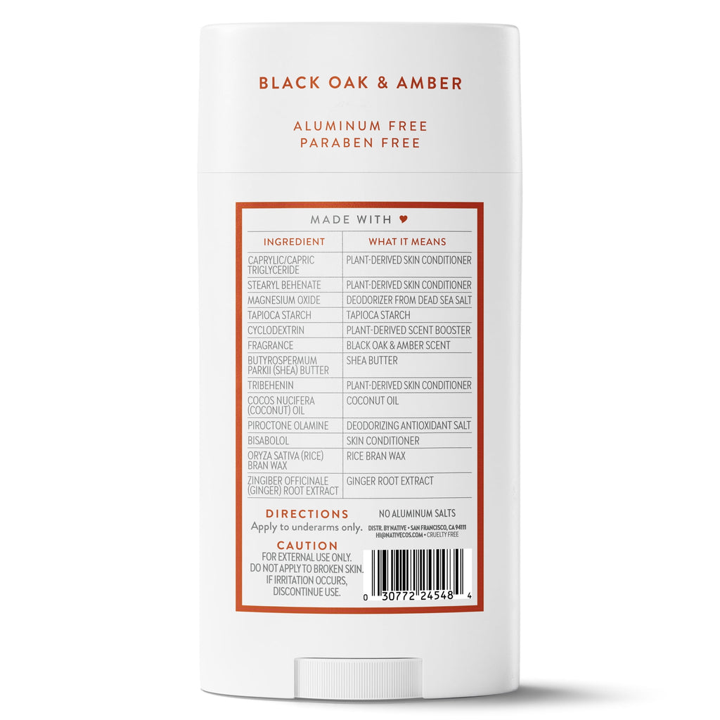 Aluminum Free Deodorante For Men, 72 Hour Solid Deodorant Stick, Black Oak &amp; Amber, 3.1oz