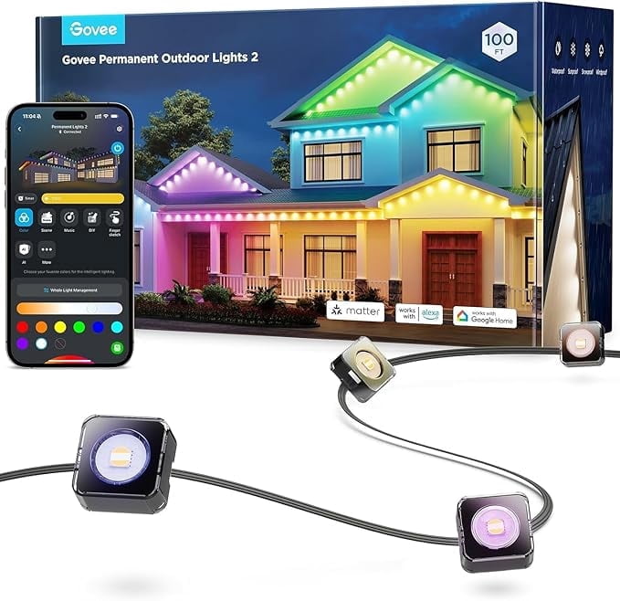 Permanent Outdoor Light 2 (Elite), RGBICW 16 Million Colors Outside Lights with 100 preset modes,IP67 Waterproof,Holiday Decorations For Christmas,Google,Alexa Support,100ft,Black