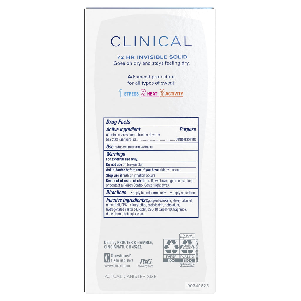 Secret Clinical Strength Invisible Solid Antiperspirant and Deodorant for Women, Completely Clean, 2.6 oz Pack of 3