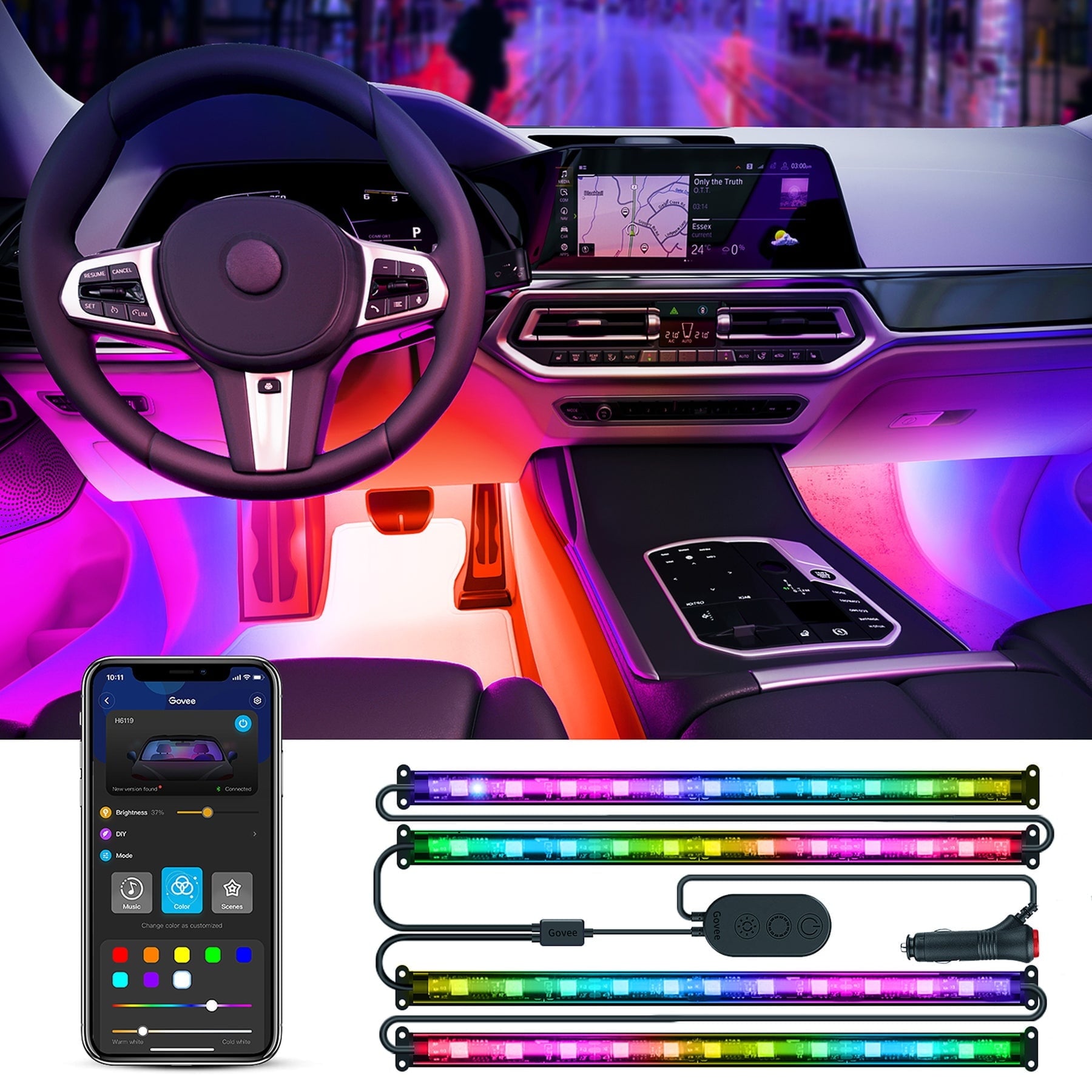 Interior Car LED Lights,RGBIC Color Changing Effect,Smart APP Control,4 Music Mode,4 Pack,0.98 Ft