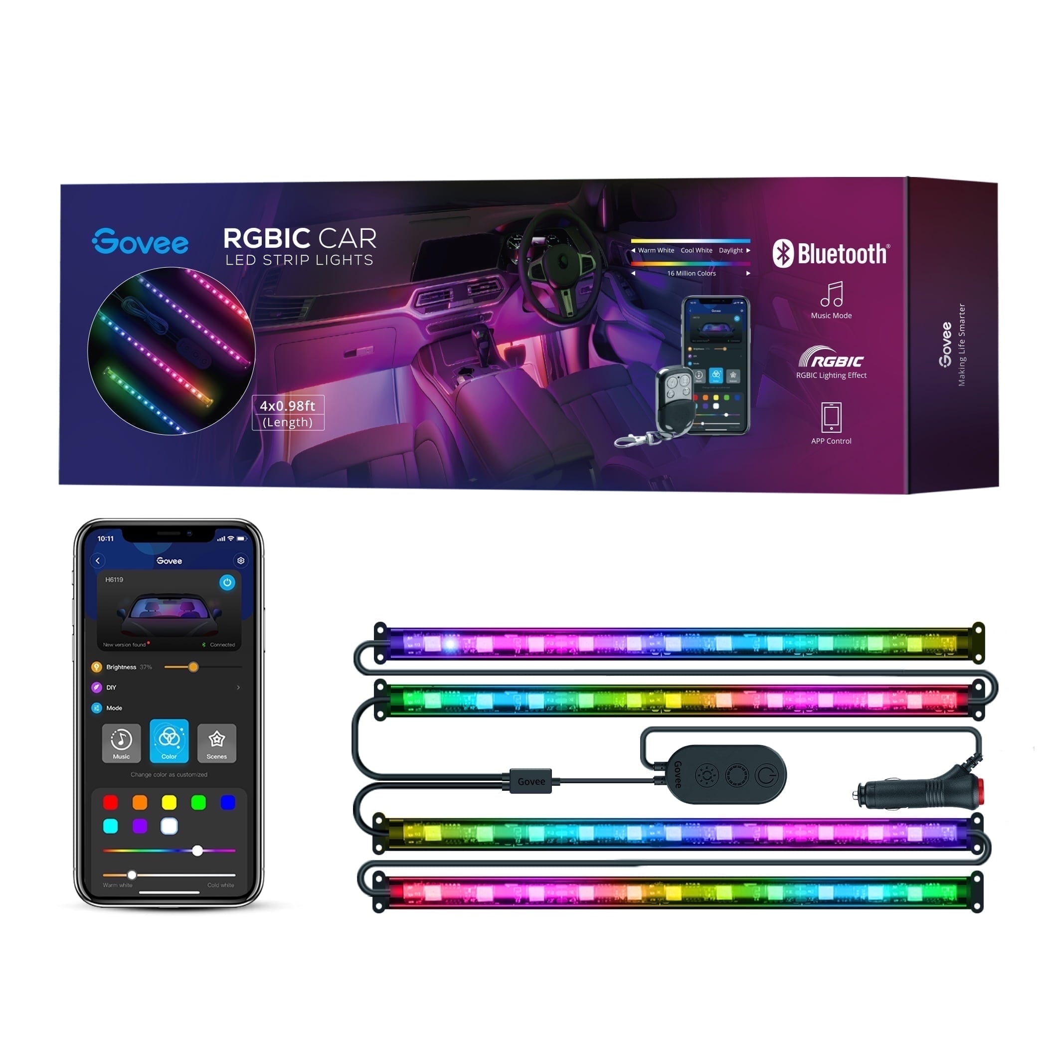 Interior Car LED Lights,RGBIC Color Changing Effect,Smart APP Control,4 Music Mode,4 Pack,0.98 Ft
