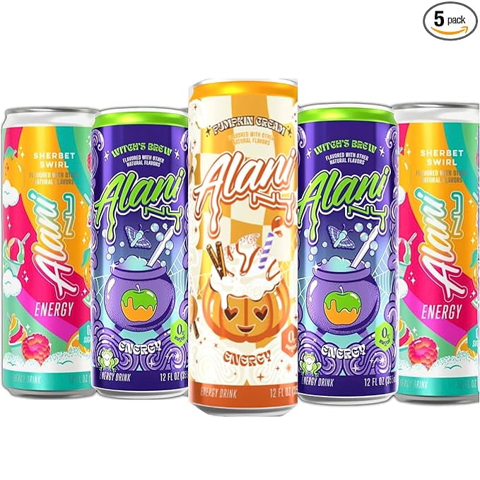 New Alani Energy Drinks Witches Brew, Sherbet Swirl, Pumpkin Cream Variety Pack Sugar-Free, Low-Calorie, 200mg Caffeine, Energy Boost Drink 12 fl oz (Total 5 cans) Repackaged