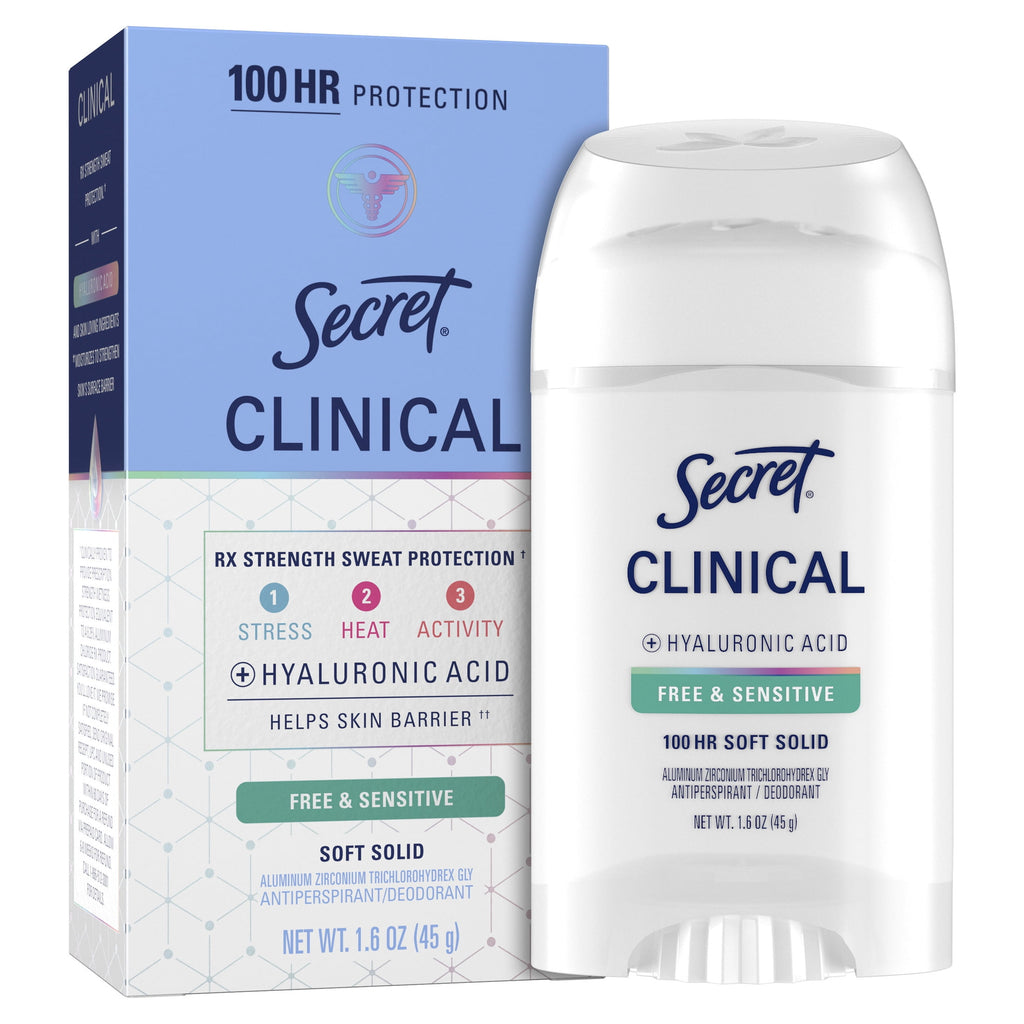 Clinical Antiperspirant Deodorant for Women, 100HR Sweat &amp; Odor Protection, Hyaluronic Acid, Soft Solid, Free &amp; Sensitive, 1.6 oz
