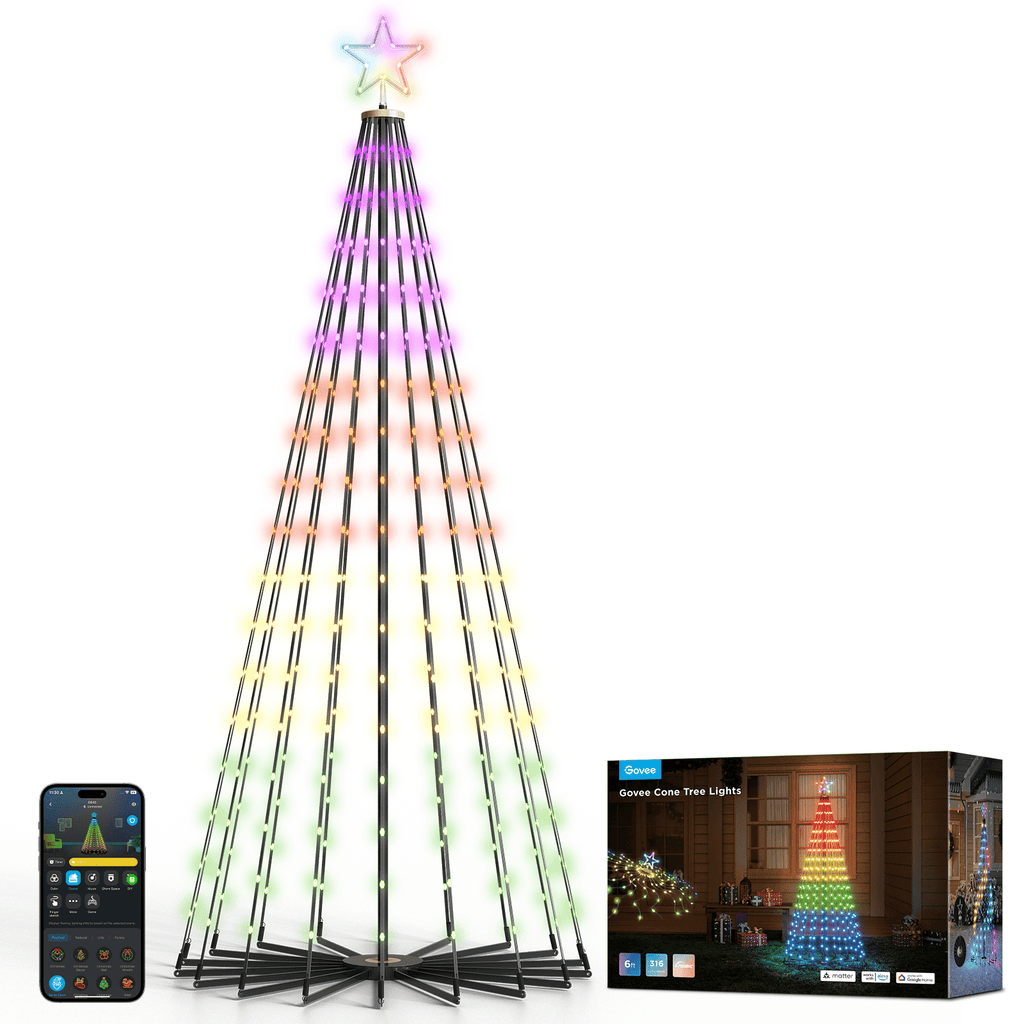 Christmas Cone Tree Lights 7.5ft 316LEDs with 66 Scene Modes, IP65 Waterproof for Indoor Outdoor Xmas Decor, Remote Control, Dimmable