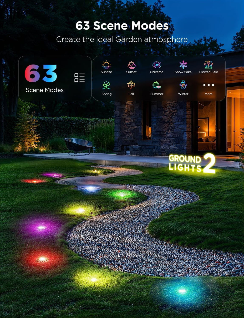 Outdoor Ground Lights 2, 15 Pack RGBIC Pathway Lights with 100LM Warm White, IP67 Waterproof, 63 Scene Modes, Works with Alexa, Google Assistant