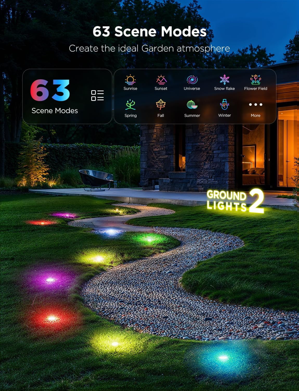 Outdoor Ground Lights 2, 15 Pack RGBIC Pathway Lights with 100LM Warm White, IP67 Waterproof, 63 Scene Modes, Works with Alexa, Google Assistant