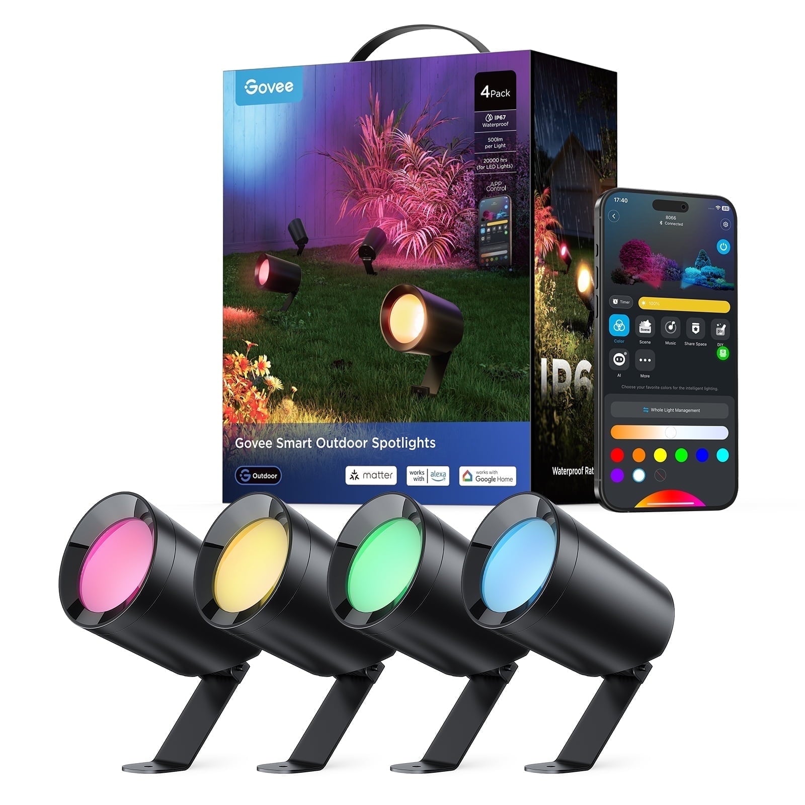 Smart Outdoor Spotlight, IP67 Waterproof Spotlights, Landscape Lights Work with Matter, Alexa, and Google Assistant, RGBWIC Color Changing Light for Outdoor Decor, Corded Electric, 4 Pack