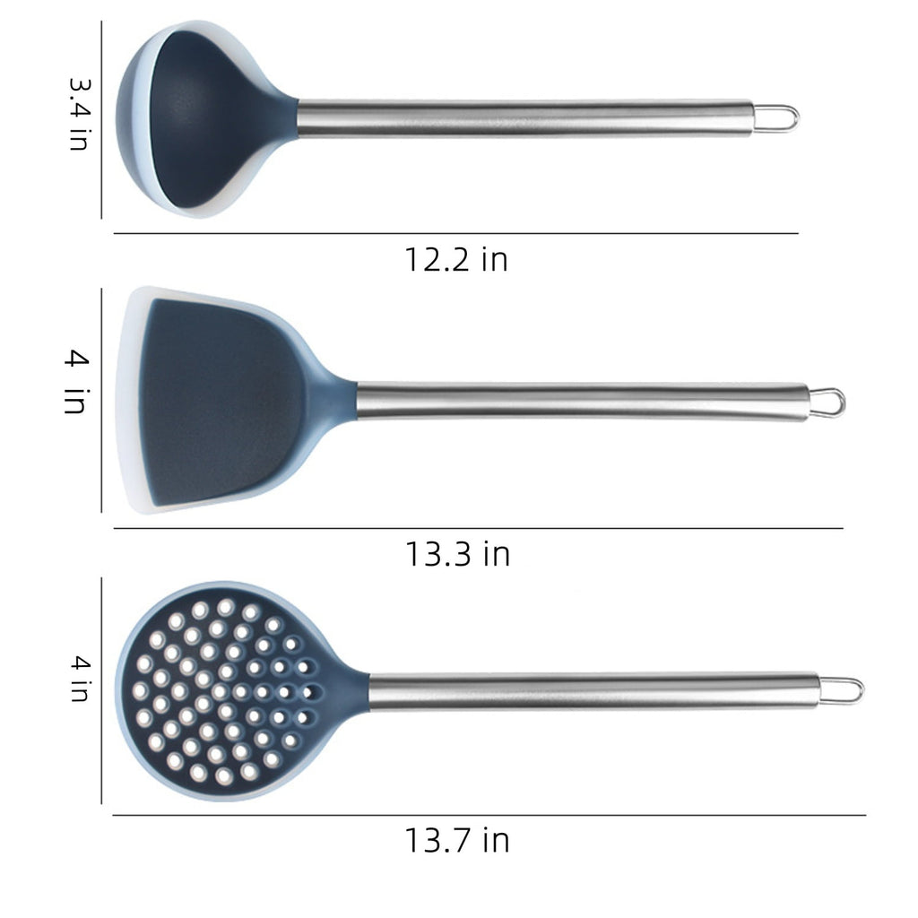 3-piece Silicone Stainless Steel Kitchen Utensil Set, Cooking Tools, Kitchen Gadgets and Essentials, including Wok Spatula, Ladle and Slotted Spoon
