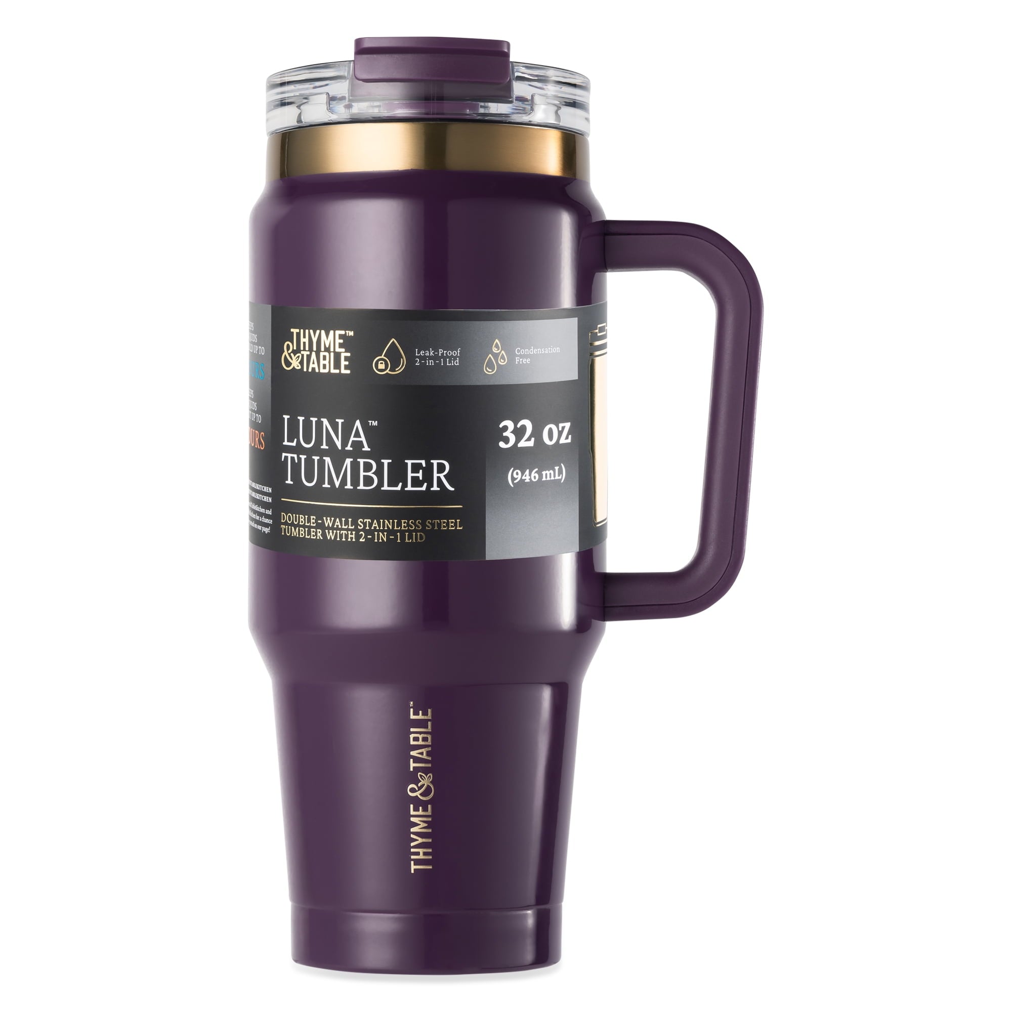 Thyme &amp; Table 32 fl oz Stainless Steel Luna Tumbler with Handle and Dual Straw Lid, Cream &amp; Black Check