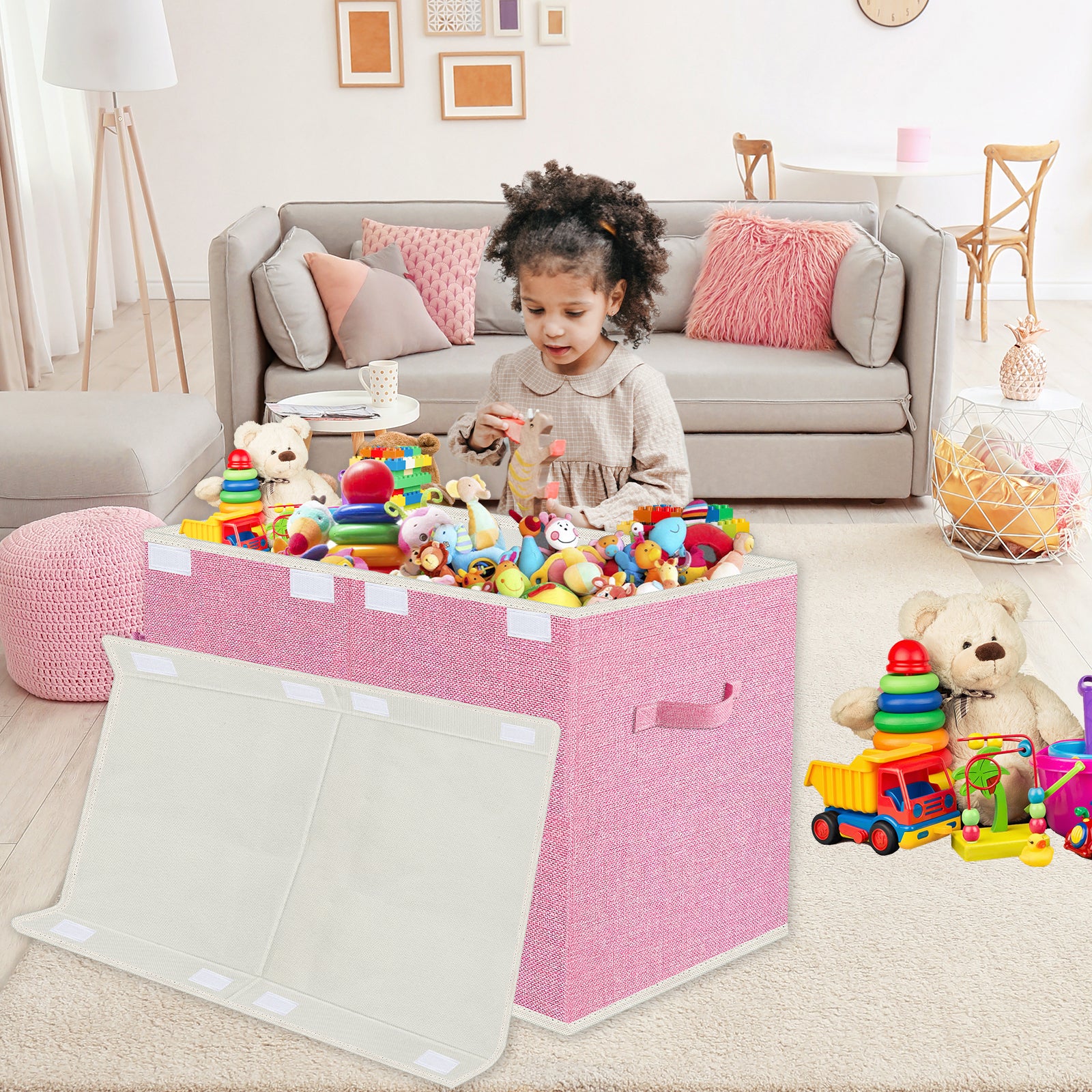 Large Toy Box for Girls,Toy Chest for Kids -Collapsible Toy Storage Organizer with Lid Toy Bin Storage Organizer for Nursery, Playroom, Bedroom , Closet, Living Room, Kindergarten (Pink)