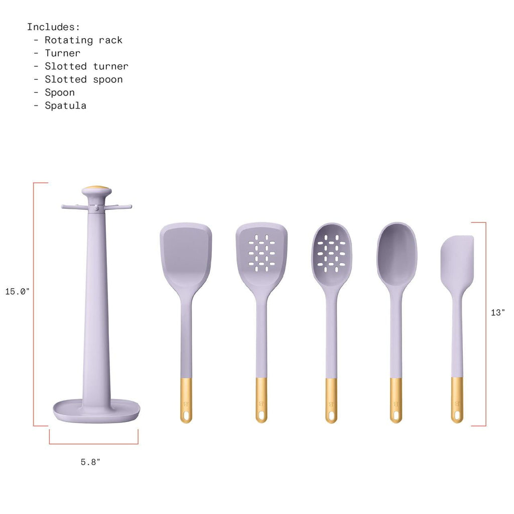 6-Piece Silicone Kitchen Utensil Tool Set with Rotating Rack by Drew Barrymore, Porcini Taupe