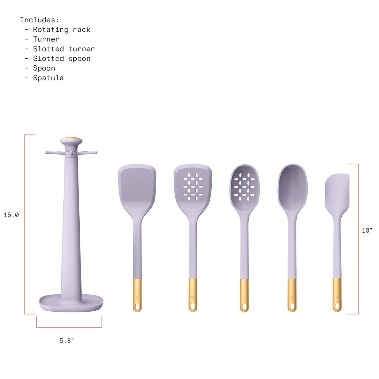 6-Piece Silicone Kitchen Utensil Tool Set with Rotating Rack by Drew Barrymore, Porcini Taupe