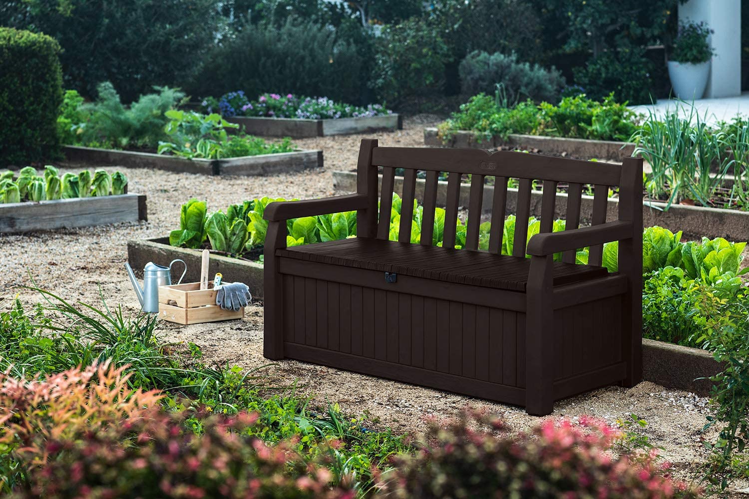70 Gallon Storage Bench Deck Box for Patio Furniture, Front Porch Decor and Outdoor Seating �� Perfect to Store Garden Tools and Pool Toys, Brown