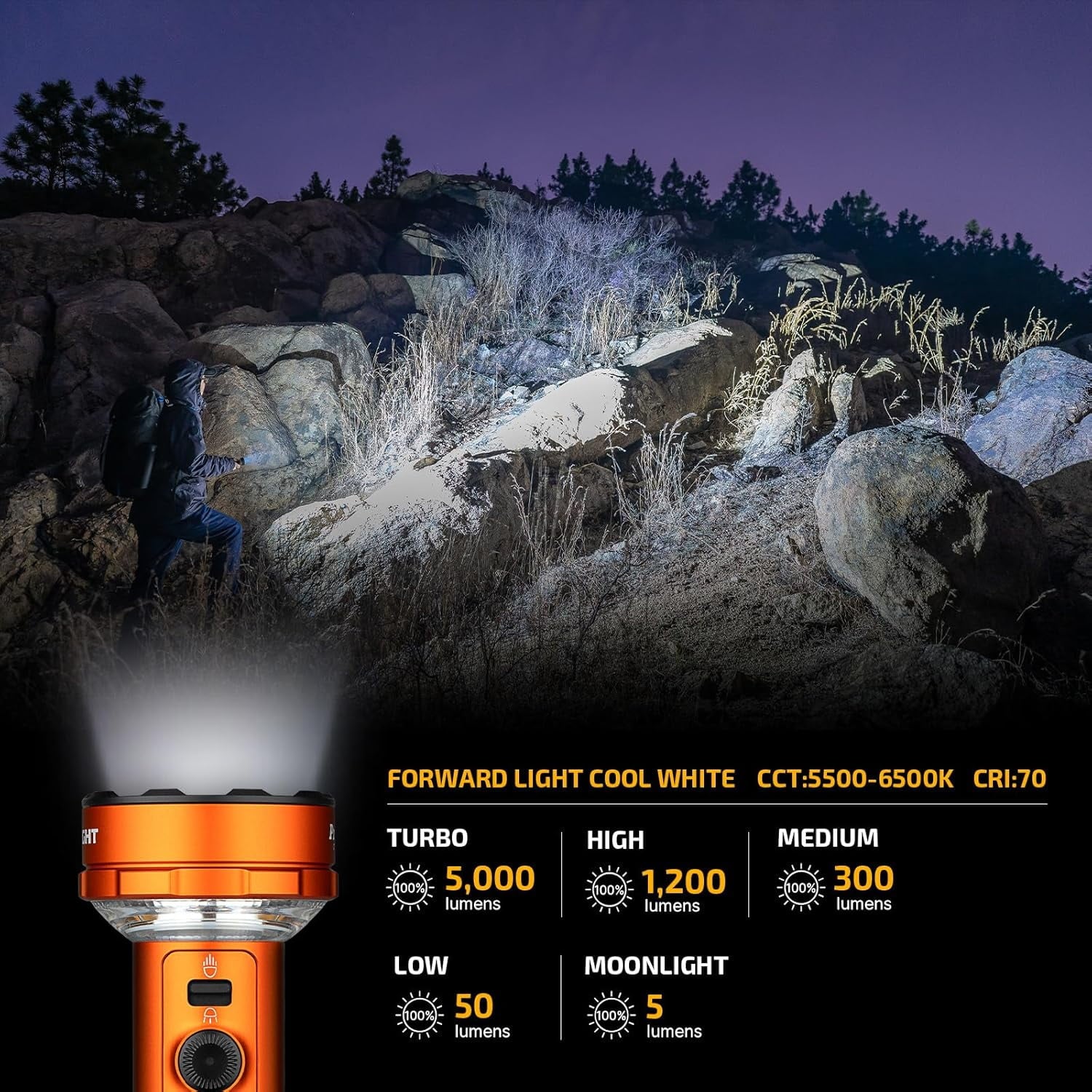 Orange Flashlight/Cozy Lamp, 5000 Lumens, Forward &amp; Reverse Lights