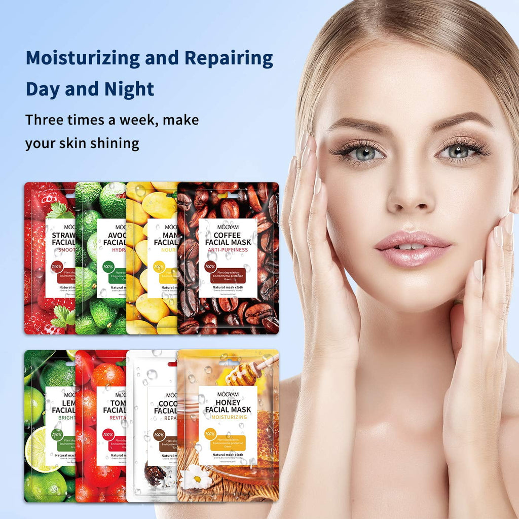 11 Pack Fruit Moisturizing Facial Mask Sheet, Rich in Fruit Essence Face Mask to Brighten and Hydrate Dull Skin