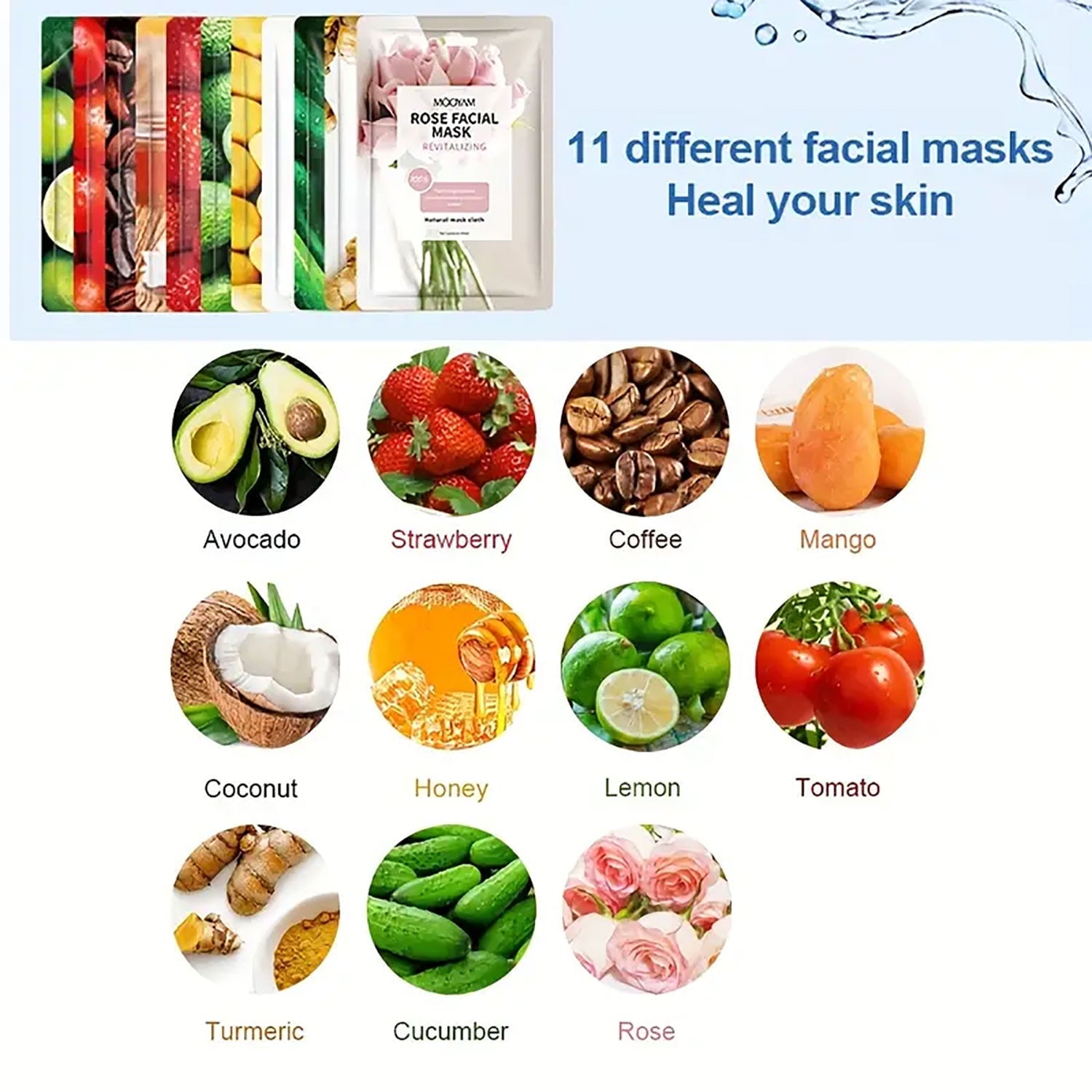11 Pack Fruit Moisturizing Facial Mask Sheet, Rich in Fruit Essence Face Mask to Brighten and Hydrate Dull Skin