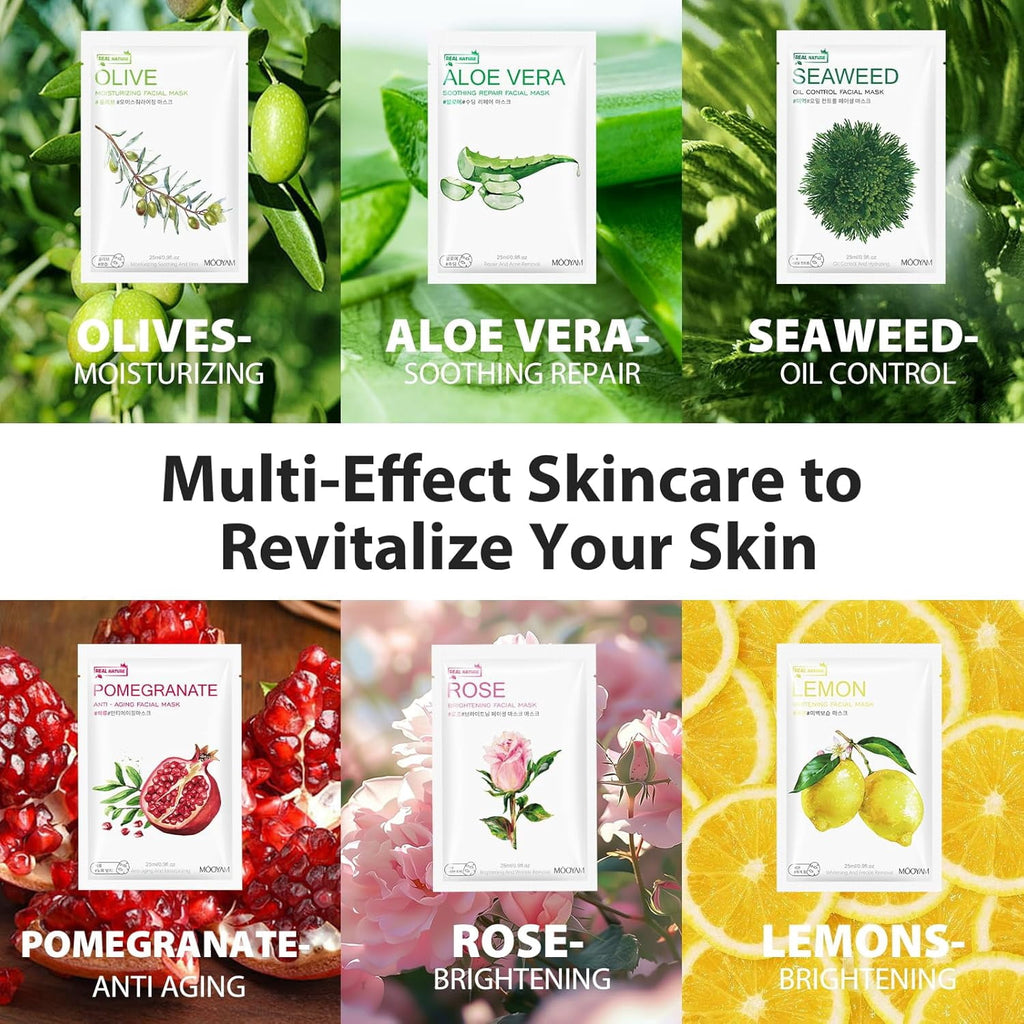 11 Pack Fruit Moisturizing Facial Mask Sheet, Rich in Fruit Essence Face Mask to Brighten and Hydrate Dull Skin