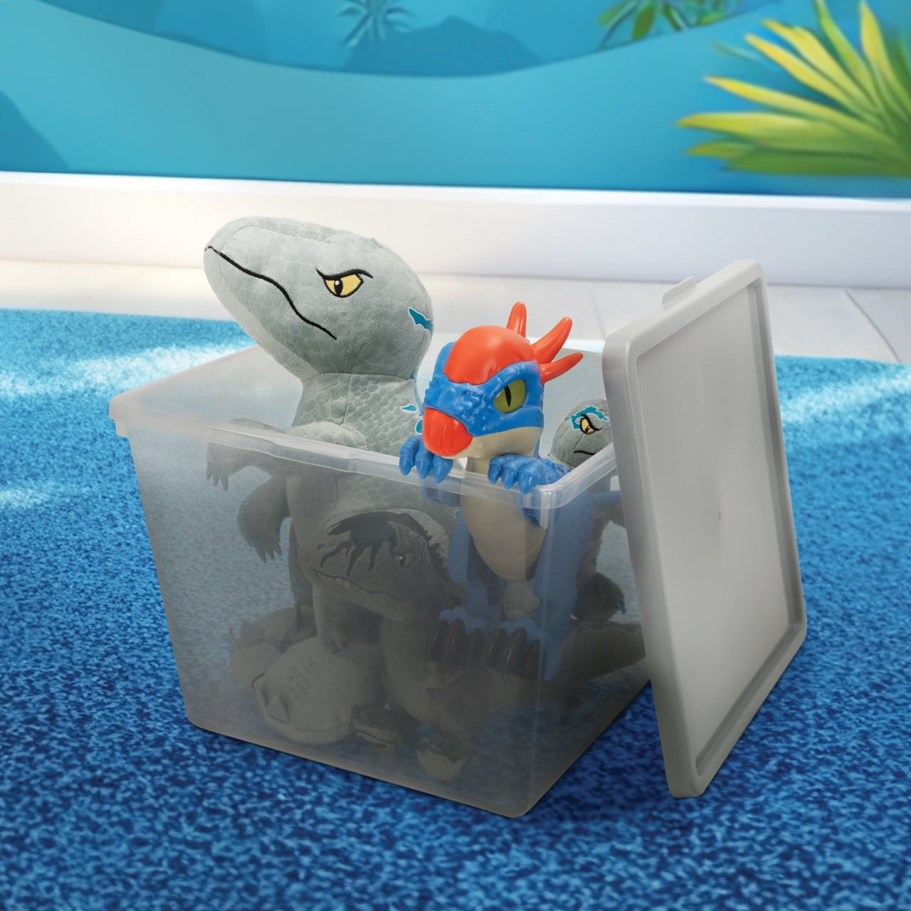 Kids Large Tinted Clear Plastic Stacking Storage Bin with Lid, Grey, 12 in x 12.4 in x 9.4 in