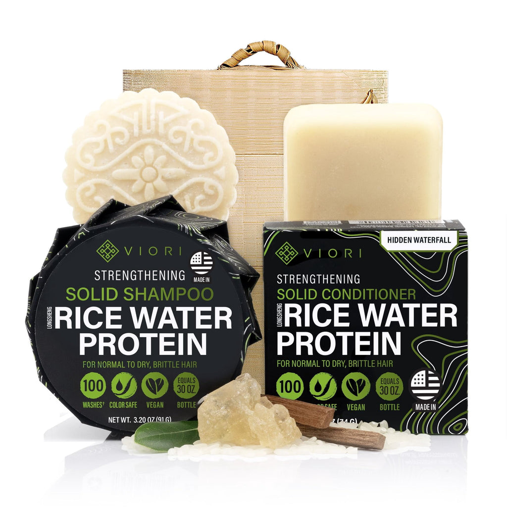 Volumizing Adult Shampoo and Conditioner Set with Longsheng Rice Water, Hidden Waterfall, 2 Piece Bamboo Holder
