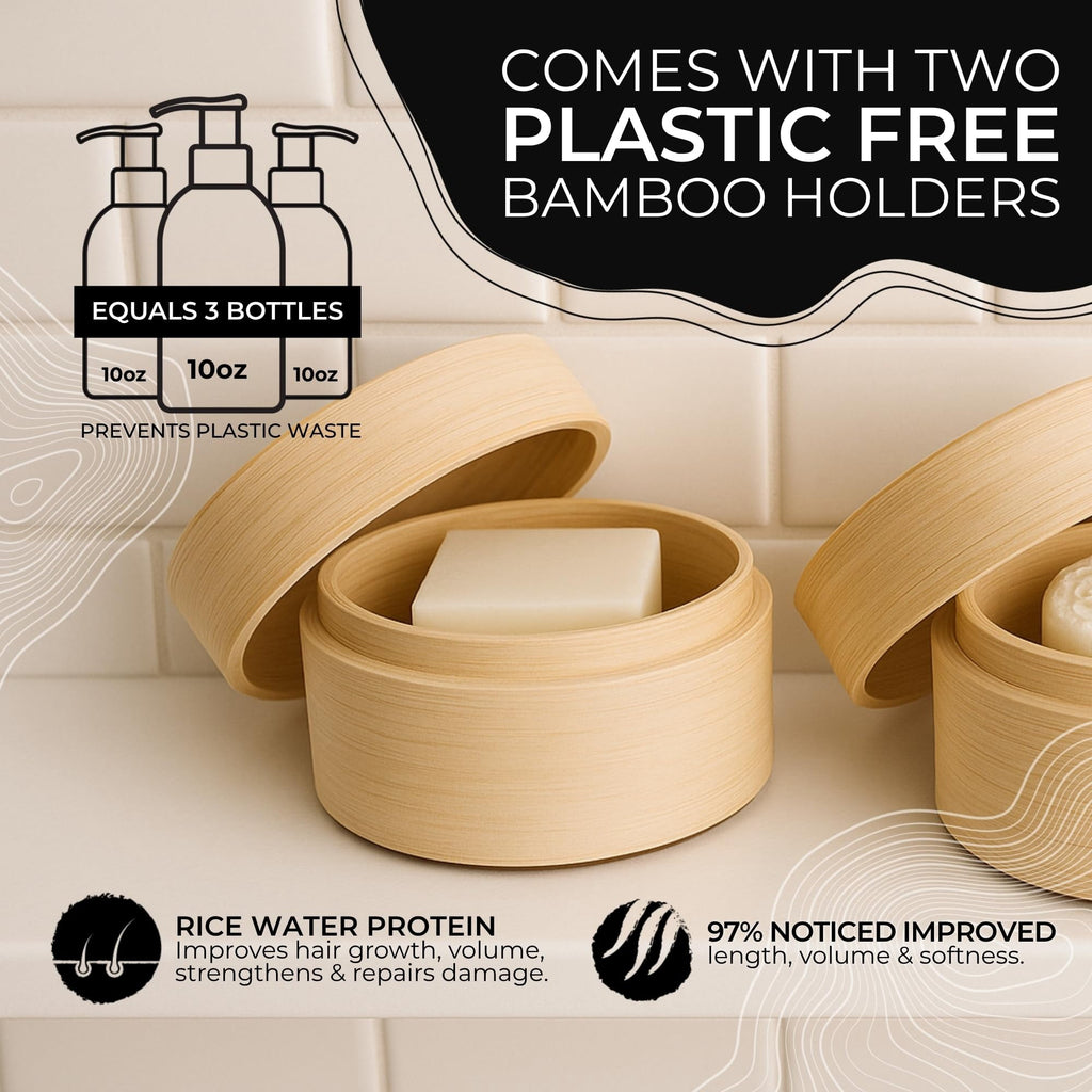 Volumizing Adult Shampoo and Conditioner Set with Longsheng Rice Water, Hidden Waterfall, 2 Piece Bamboo Holder