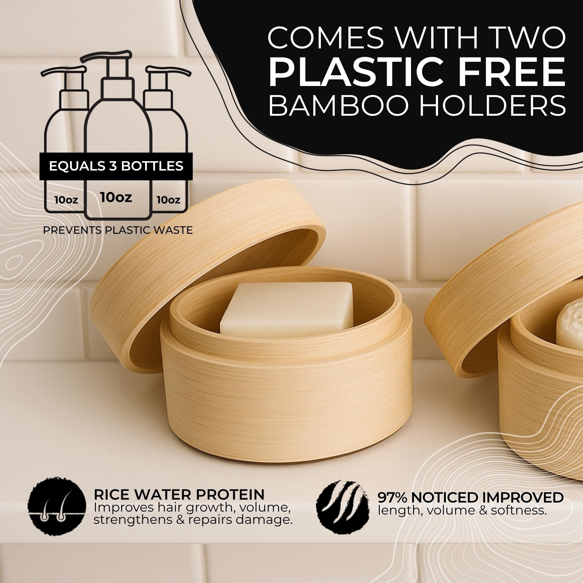 Volumizing Adult Shampoo and Conditioner Set with Longsheng Rice Water, Hidden Waterfall, 2 Piece Bamboo Holder
