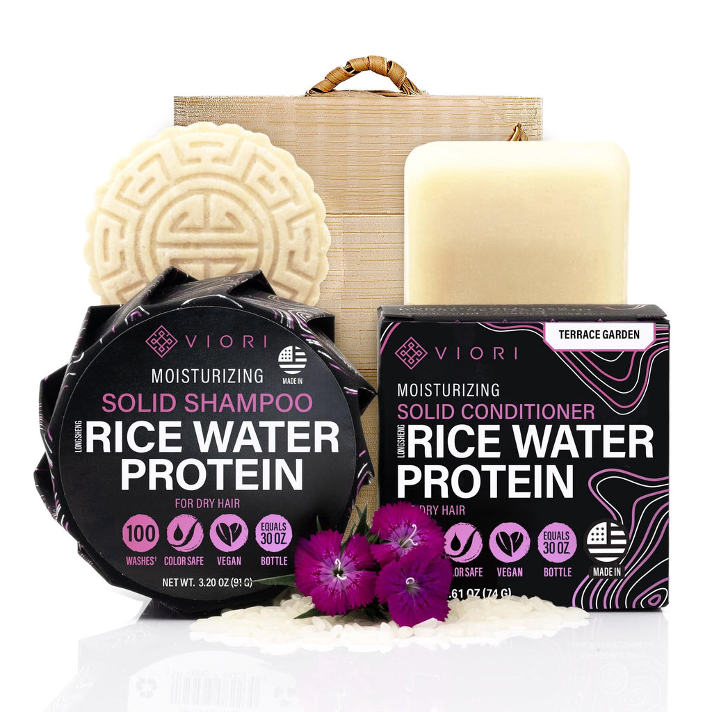 Volumizing Adult Shampoo and Conditioner Set with Longsheng Rice Water, Hidden Waterfall, 2 Piece Bamboo Holder