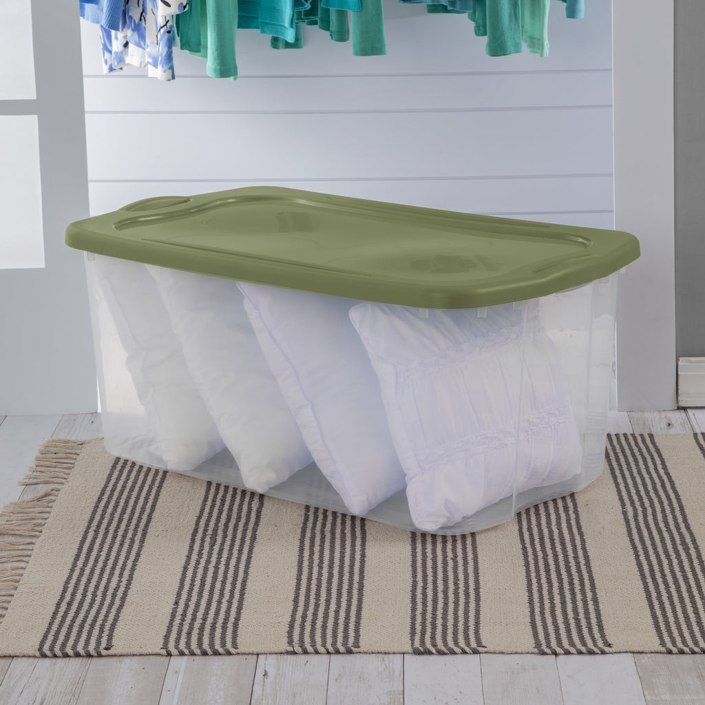 EZ Carry 120 Quart Extra-Large Storage Bin, Clear Plastic Storage Container with Full-Grip Handles, Green