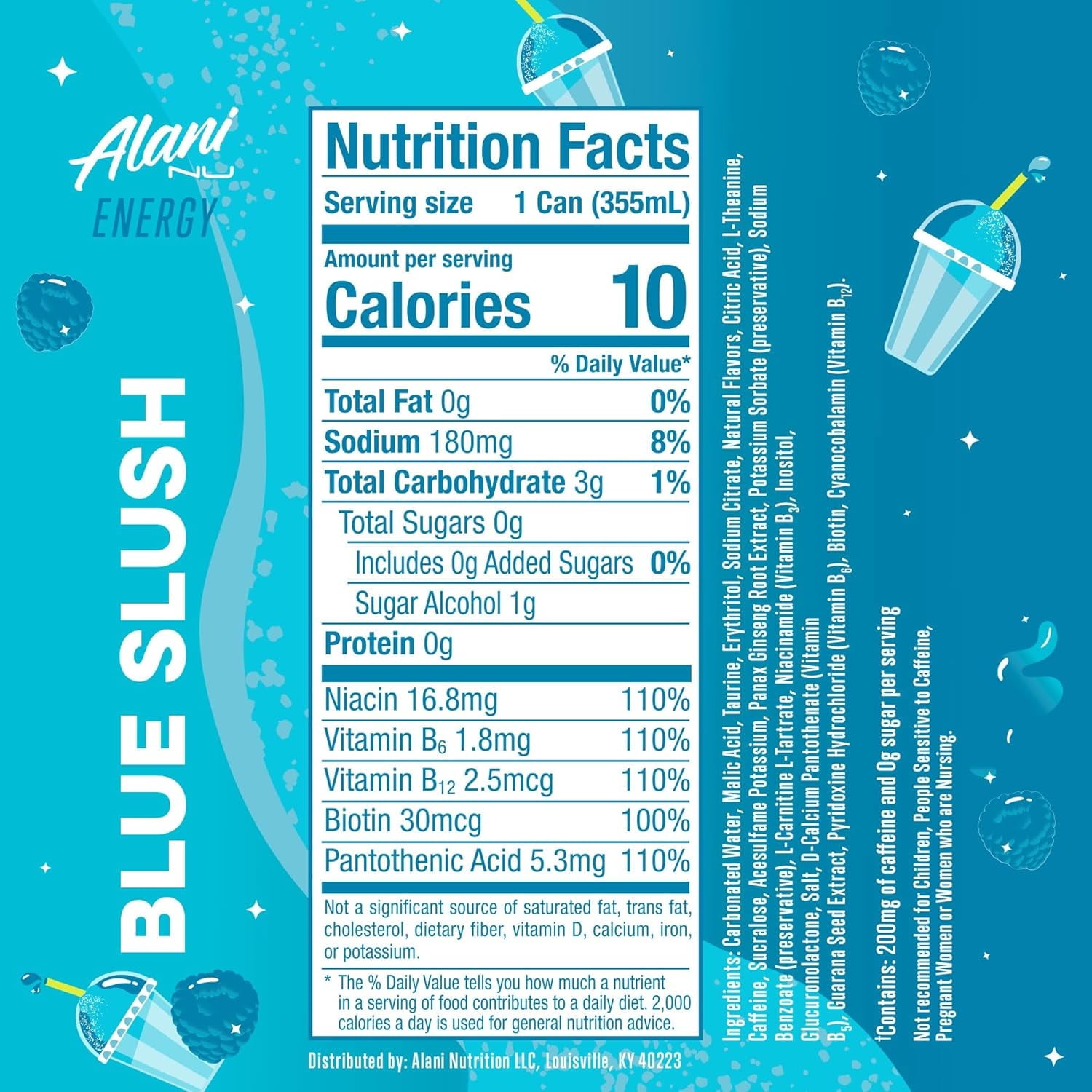 Sugar Free Energy Drink, Blue Slush, 12 fl oz, 12 Pack, Cans, 200mg Caffeine
