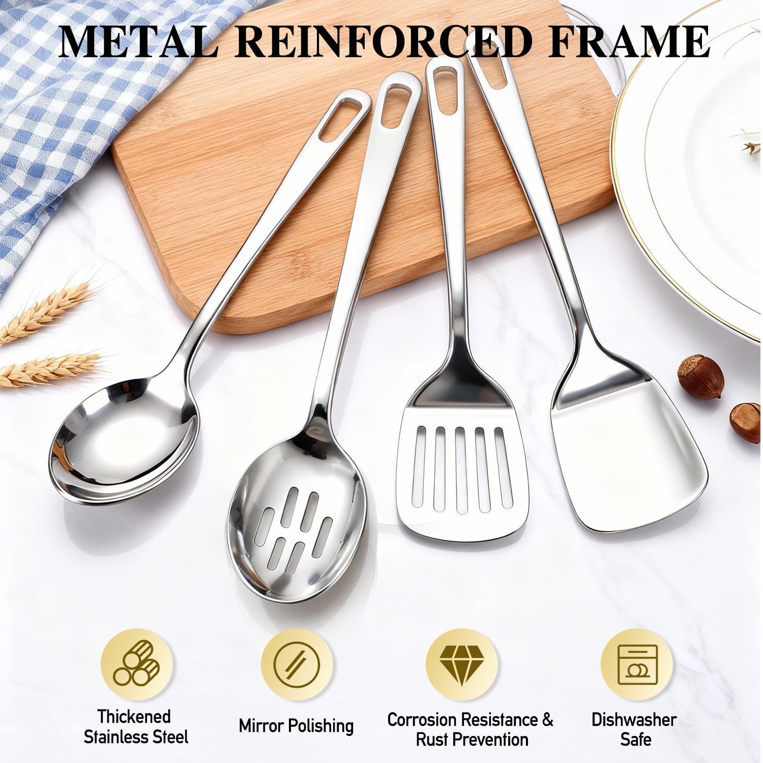 4 Pcs Cooking Utensils Set, Stainless Steel Kitchen Utensils, Kitchen Tools Set Include Solid &amp; Slotted Turner Wok Spatula, Serving Spoon, Home Essentials Kitchen Gadgets Accessories