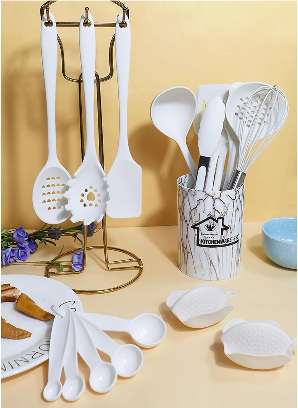 18PCS Silicone Cooking Utensils Set - 446°F Kitchen Utensils,Turner Tongs,Spatula,Spoon,Brush,Whisk,Kitchen Utensil Gadgets Tools Set for Nonstick Cookware, - White
