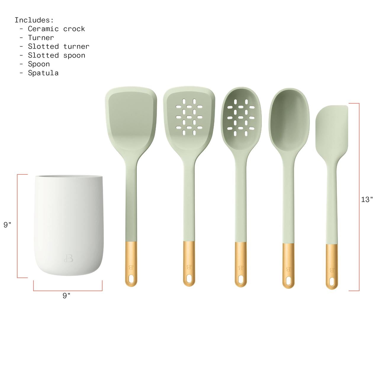 6-Piece Silicone Tool Set with Ceramic Crock, Porcini Taupe by Drew Barrymore