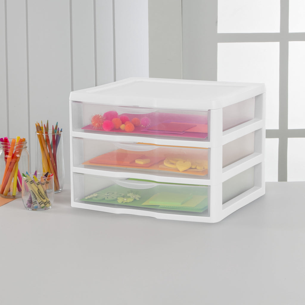 Wide 3 Drawer Unit, Clear Plastic Countertop or Desktop Drawers, White