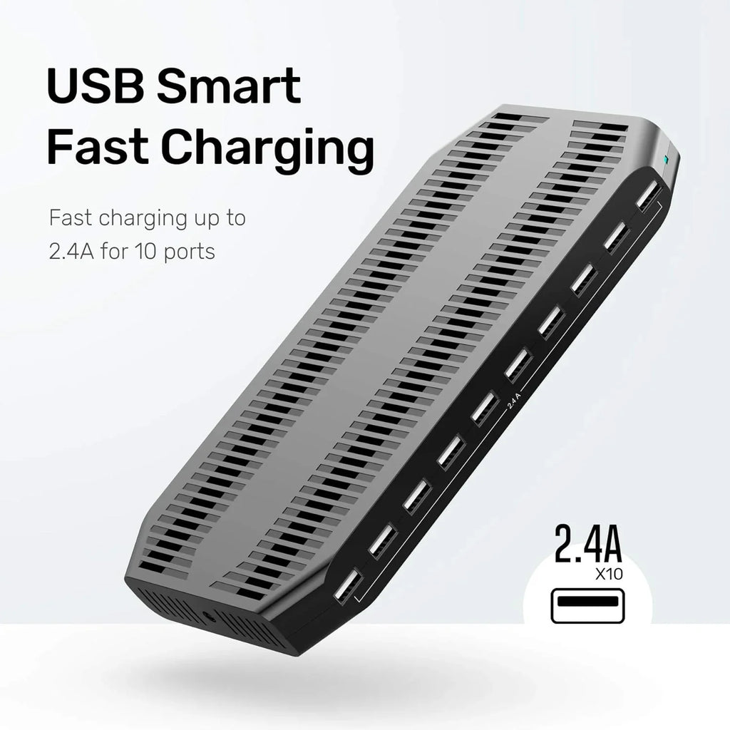 A charging interface station with 10 USB fast charging ports and adjustable partitions, suitable for charging multiple devices such as iPads, iPhones, tablets and mobile phones - 5-piece set, black