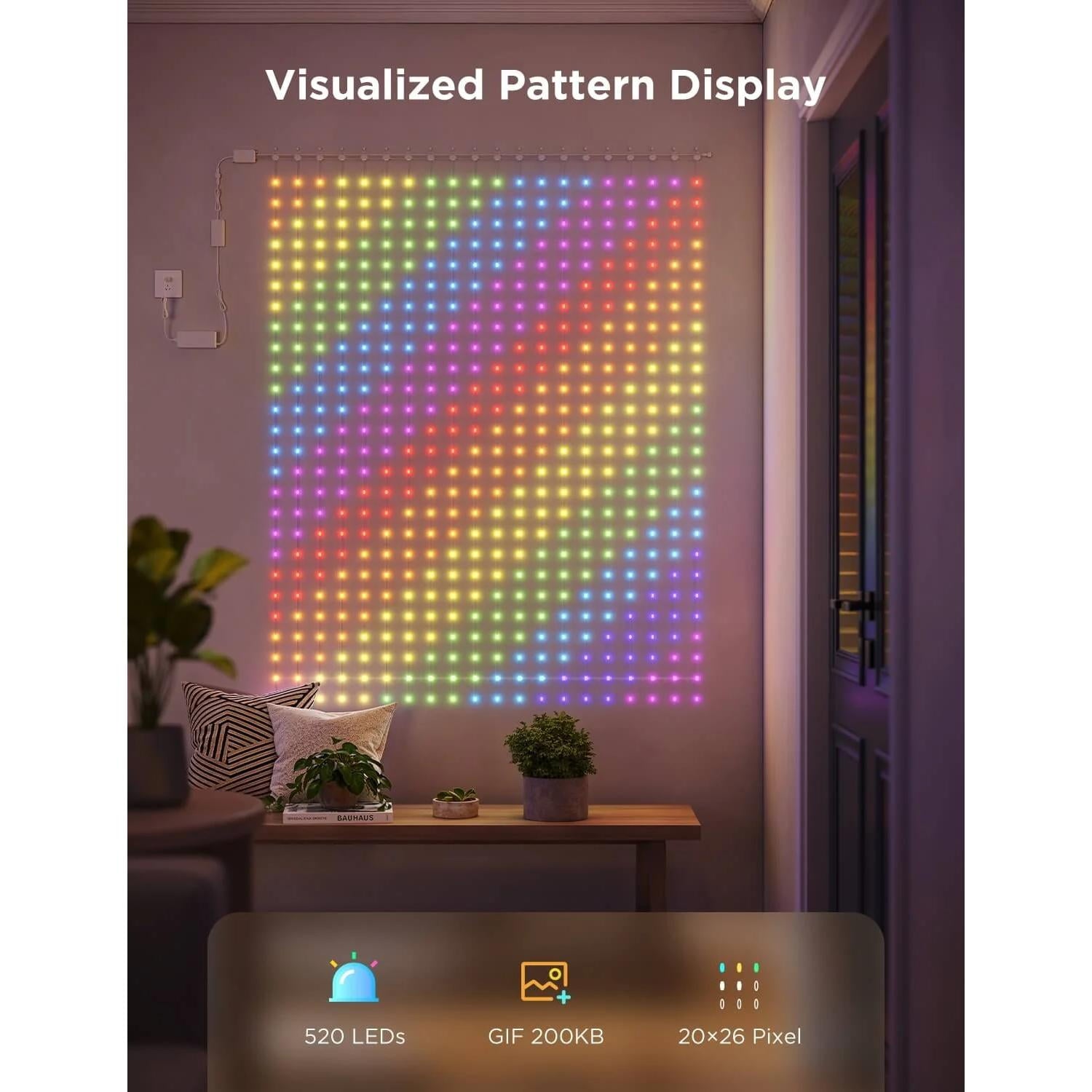 Curtain Lights 2, Smart LED Lights, DIY GIF AIGC, 520 LEDs, RGBIC, IP65 Waterproof For Outdoor,Indoor Bedroom Window Decor,4.9×6.6ft