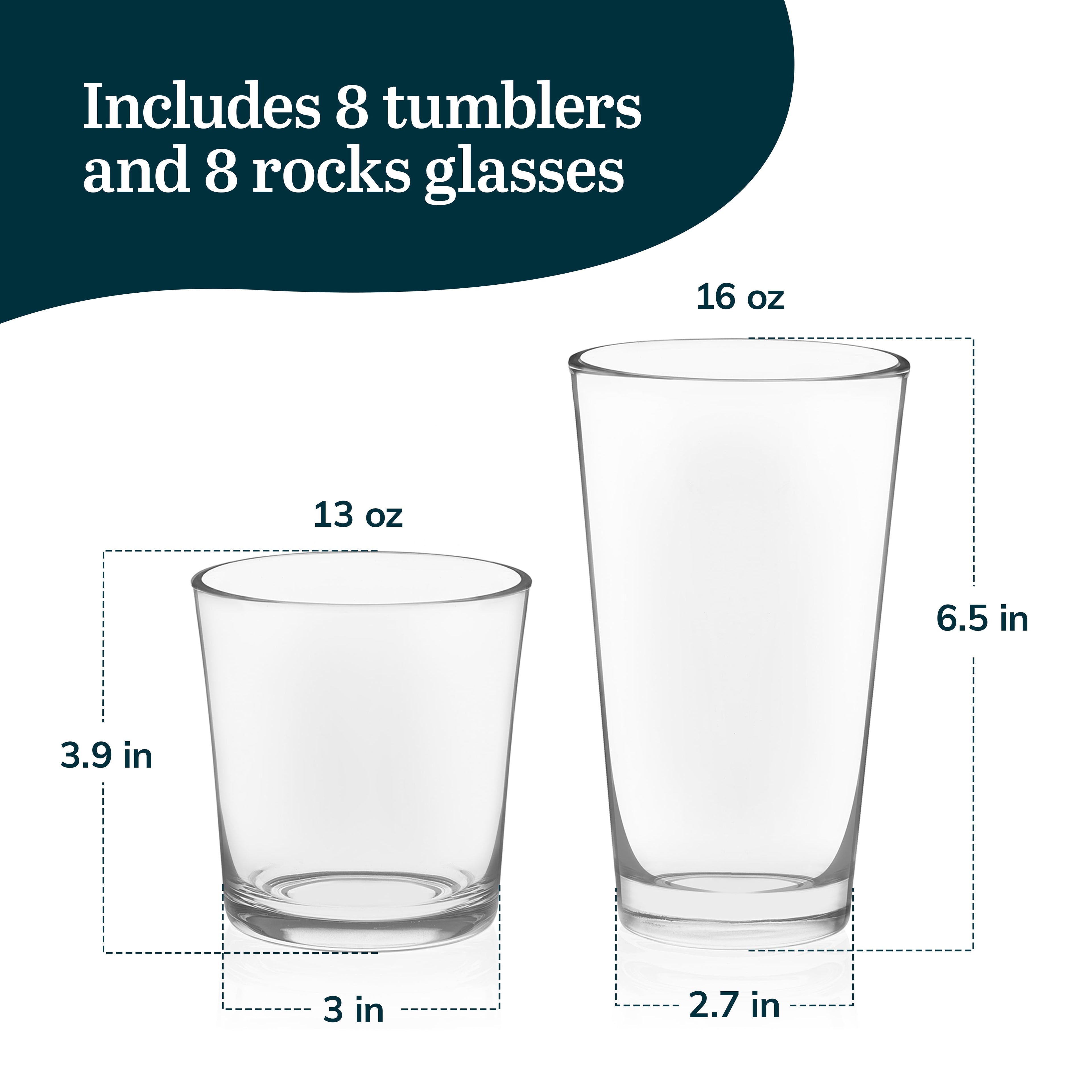 Preston Tumbler and Rocks Glass Cups Set, All Purpose Everyday Drinking Glasses Set of 16, Glassware Drinking Glasses for Birthdays, Dinners