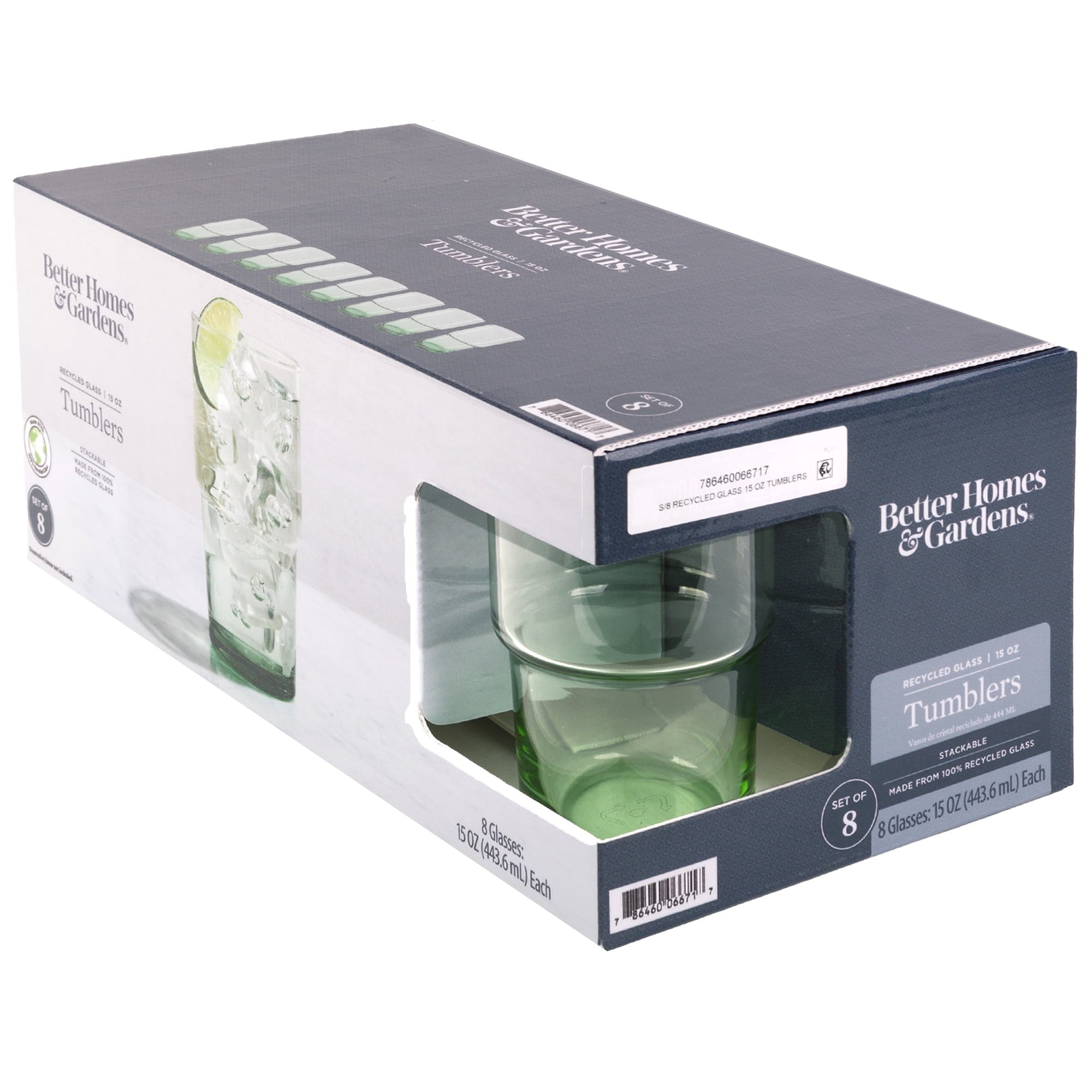 Better Homes &amp; Gardens Clear Green Glass, Glassware, 8 Pack, 15 oz