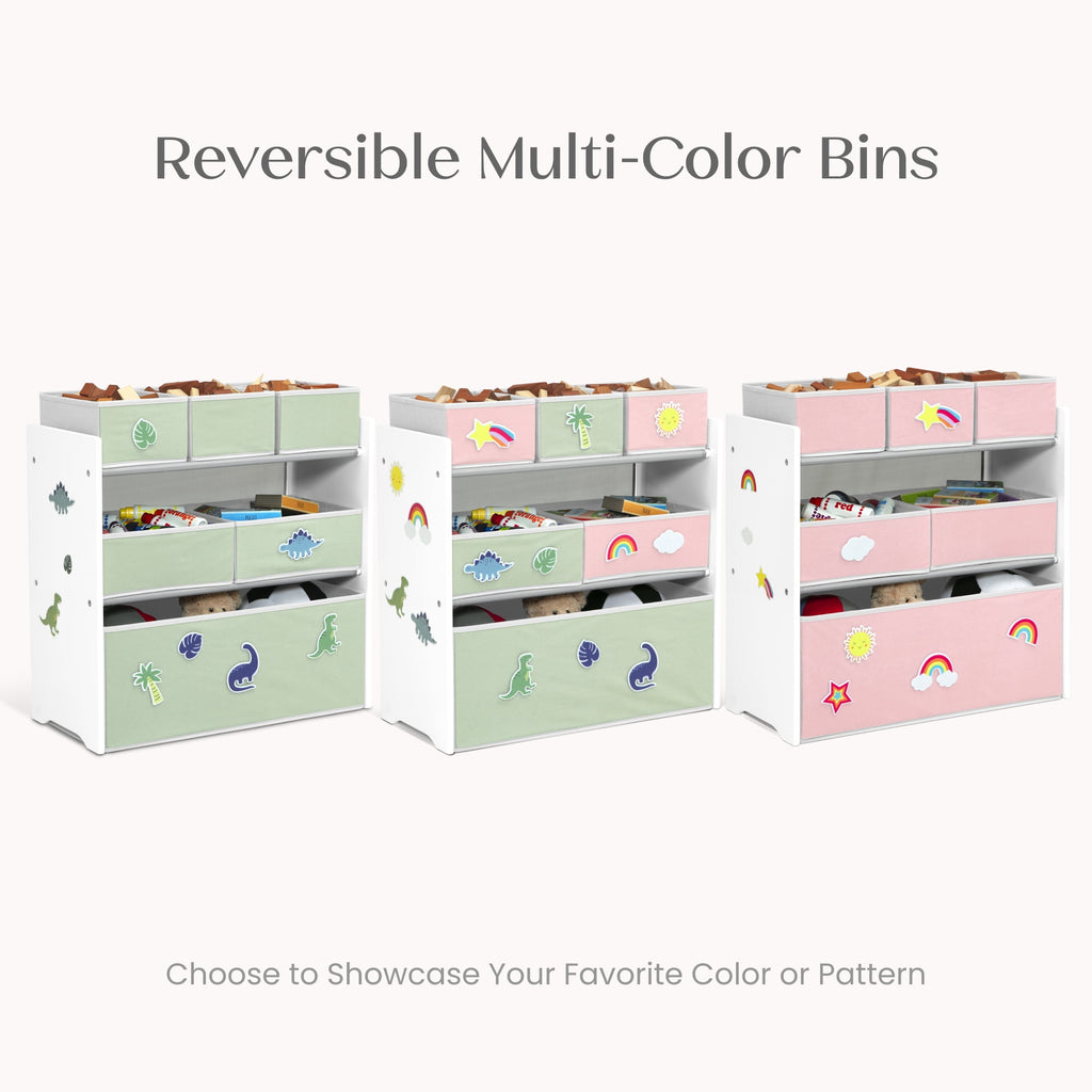 Design &amp; Store 6 Bin Toy Storage Organizer with Interchangeable Patches, Green/Pink
