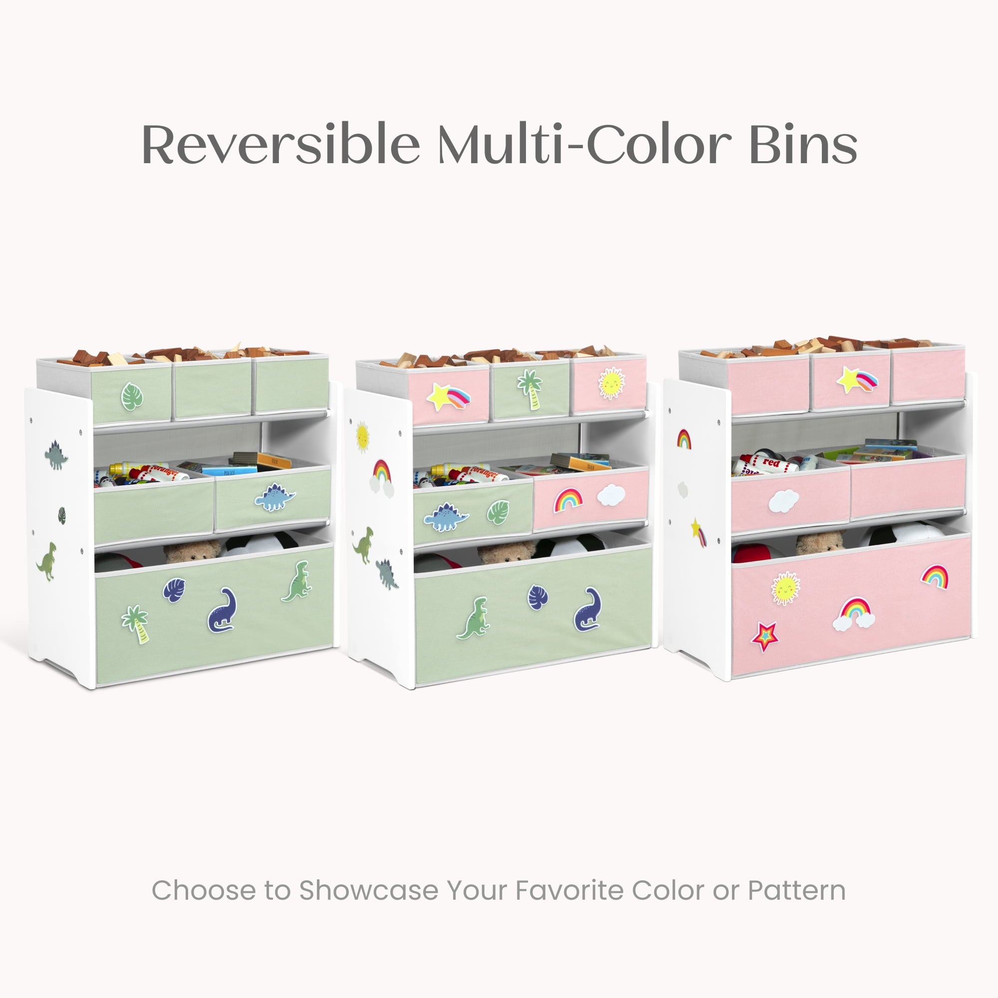 Design &amp; Store 6 Bin Toy Storage Organizer with Interchangeable Patches, Green/Pink