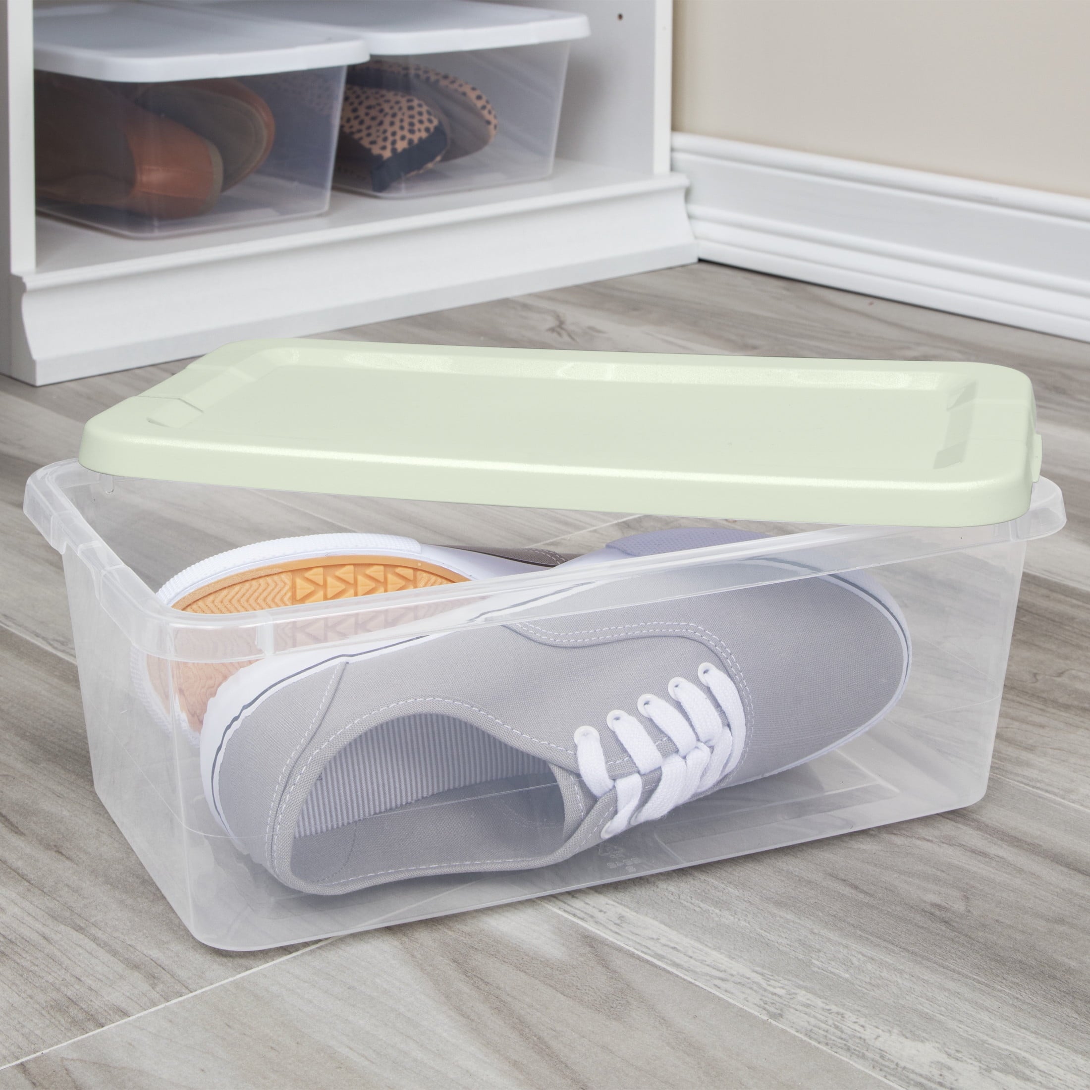 Set of (10) 6 Quart Storage Boxes, Clear Plastic Storage Bin with Snap-on Lid, Light Green