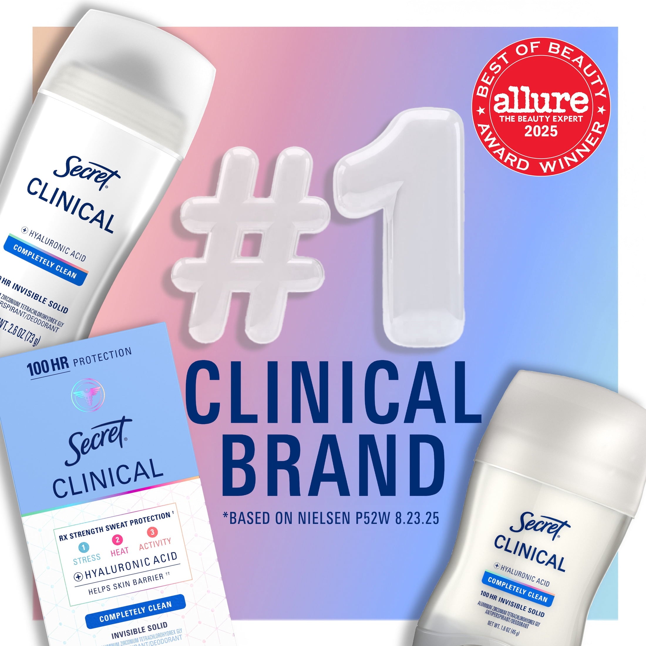 Clinical Antiperspirant Deodorant for Women, 100HR Sweat &amp; Odor Protection, Hyaluronic Acid, Invisible Solid, Completely Clean, 1.6 oz