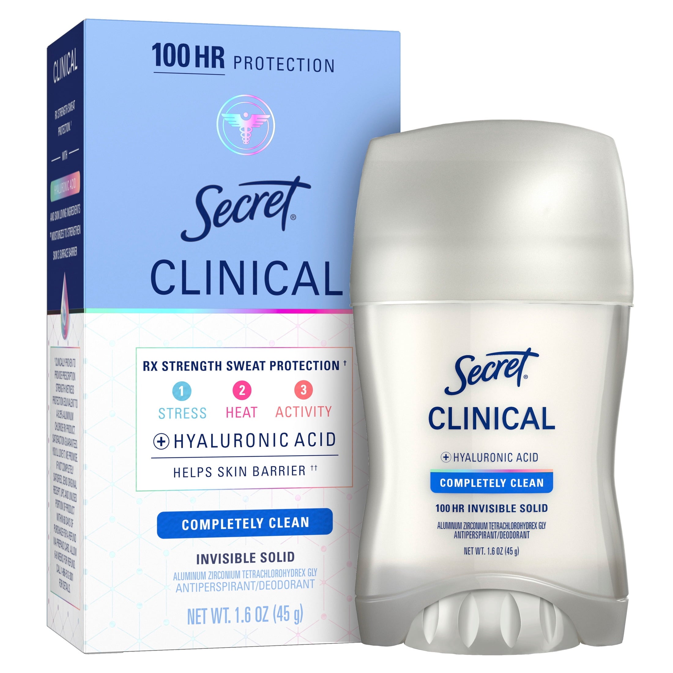 Clinical Antiperspirant Deodorant for Women, 100HR Sweat &amp; Odor Protection, Hyaluronic Acid, Invisible Solid, Completely Clean, 1.6 oz